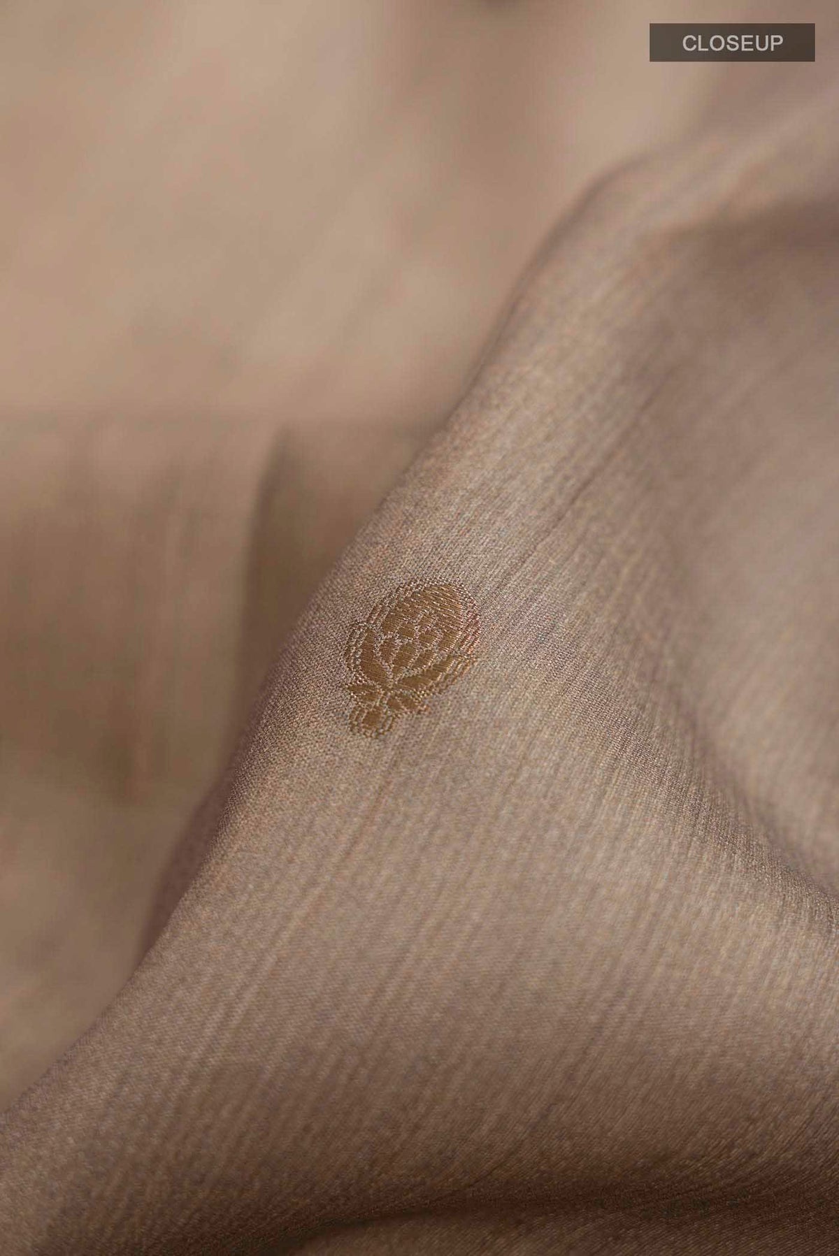 Close up of Grey Tussar Silk Saree with Zari Butta on the body and Printed Border displaying folds