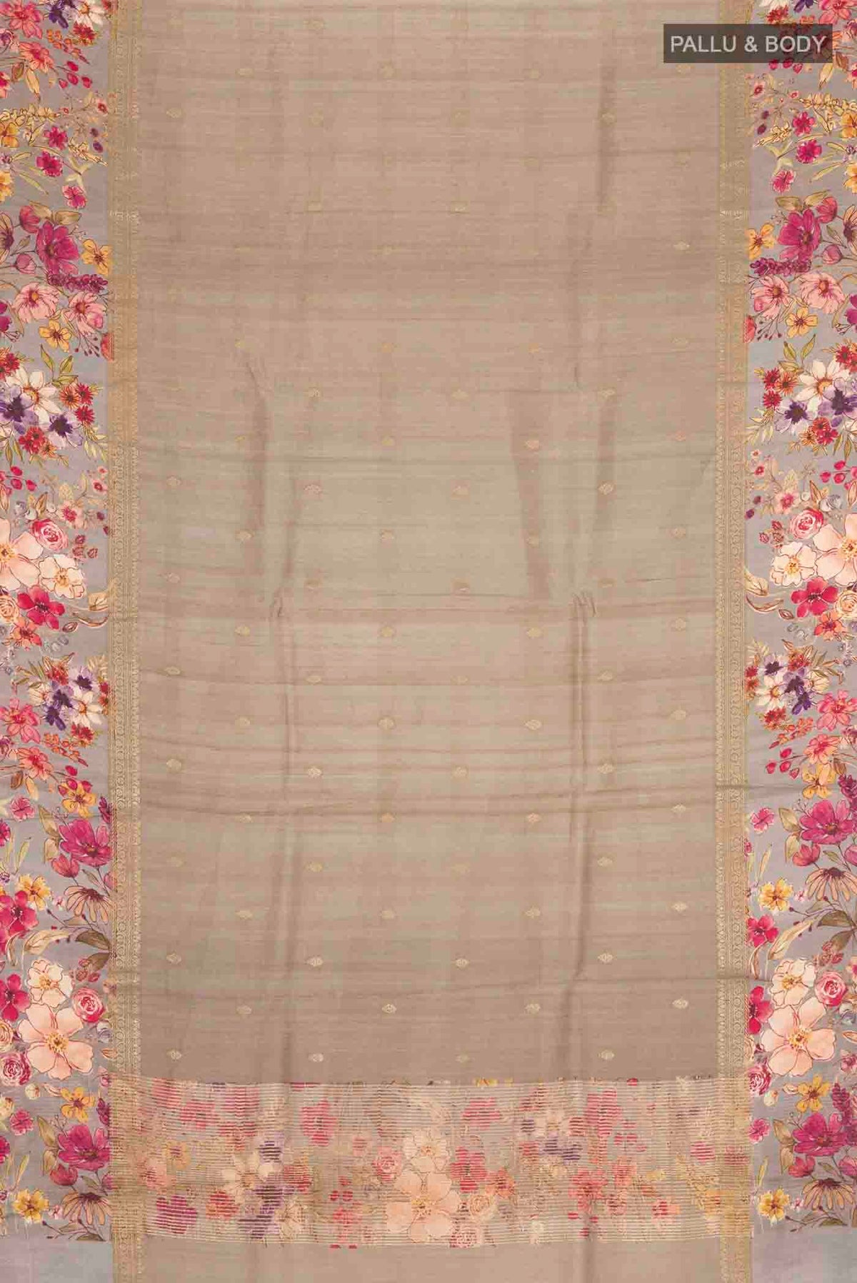 Flat view of Grey Tussar Silk Saree with Zari Butta on the body and Printed Border