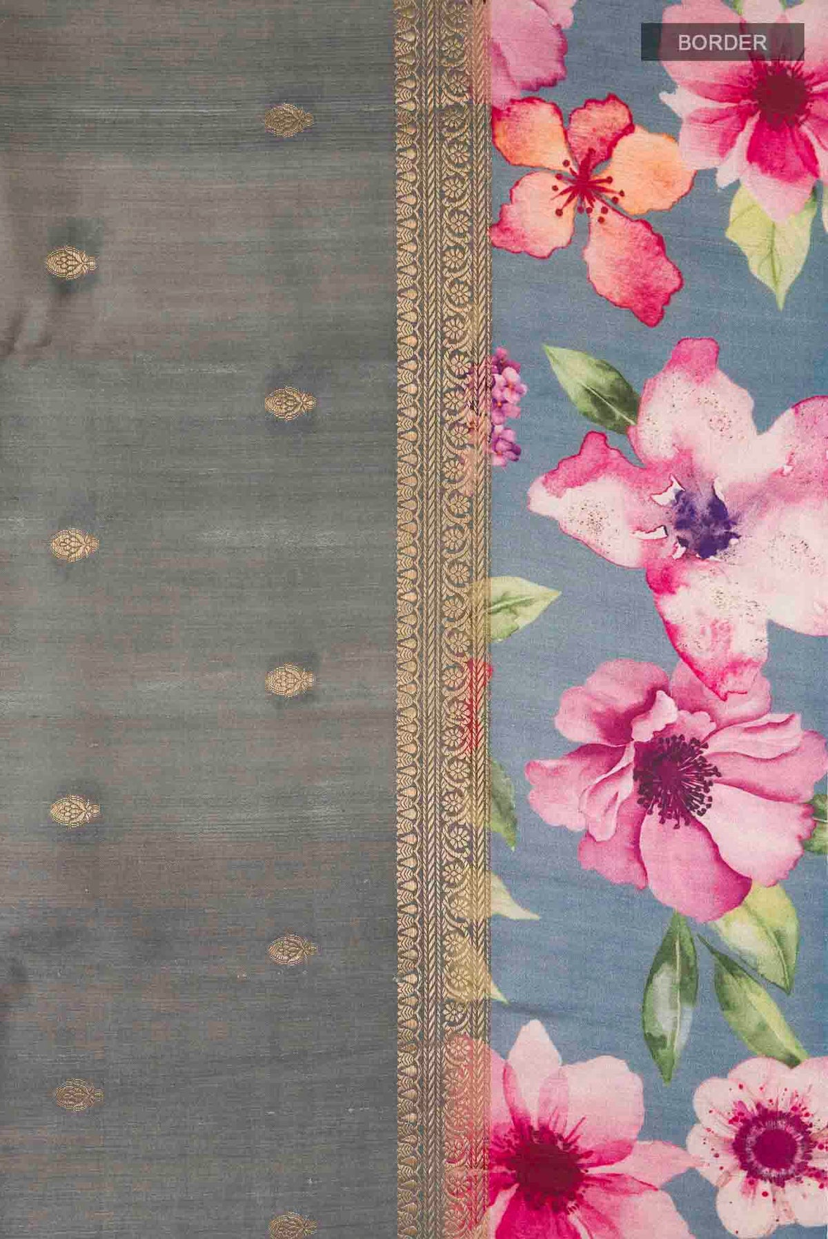 Border image of Grey Tussar Silk Saree with Zari Butta on the body and Printed Border
