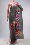Grey Tussar Silk Saree with Zari Butta on the body and Printed Border displayed on a mannequin