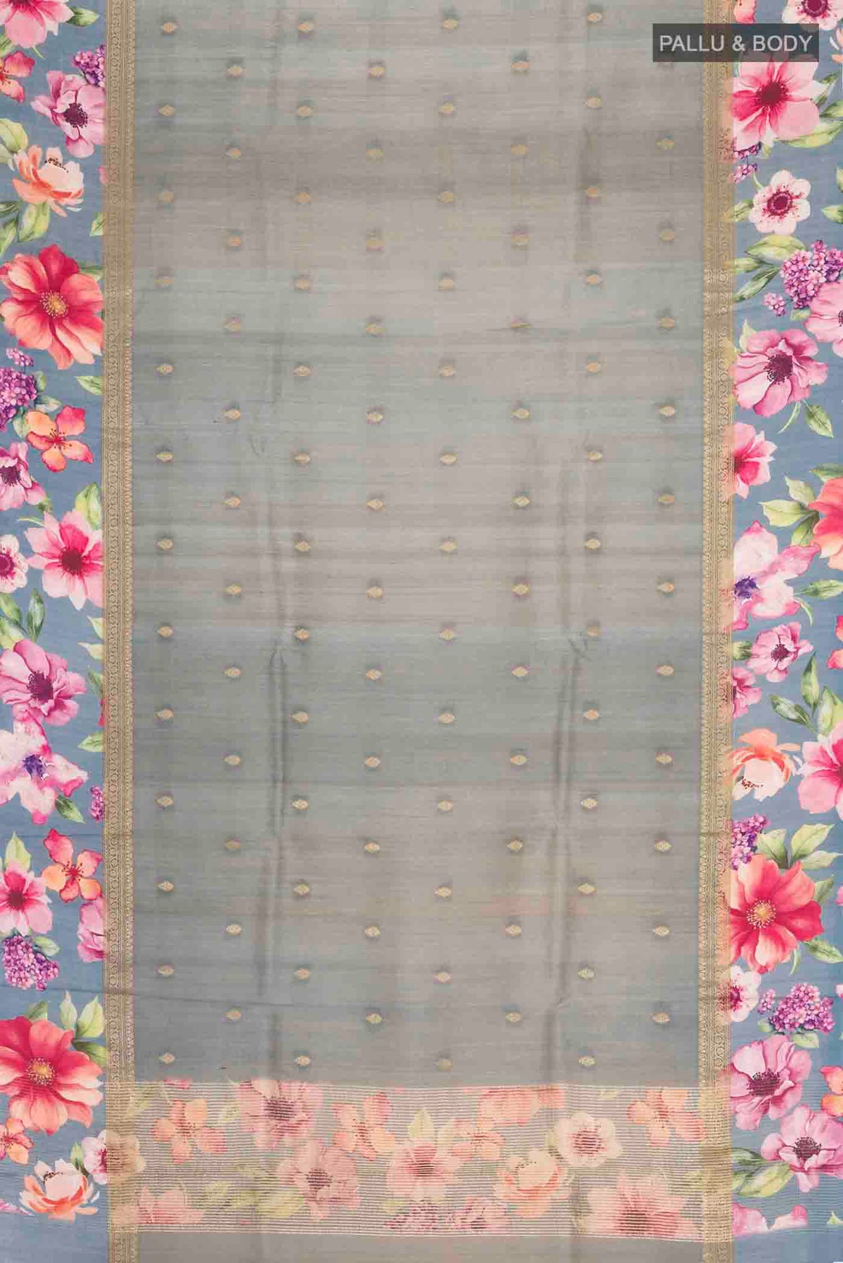 Flat view of Grey Tussar Silk Saree with Zari Butta on the body and Printed Border