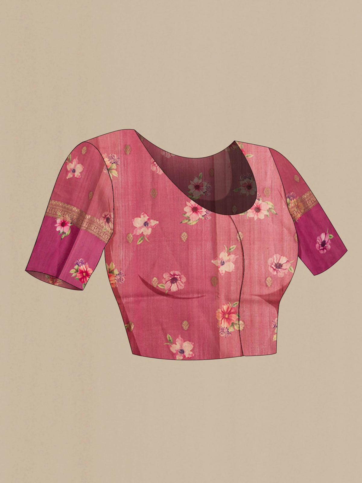 Close up image of the blouse of Mauve Tussar Silk Saree with Zari Butta on the body and Printed Border