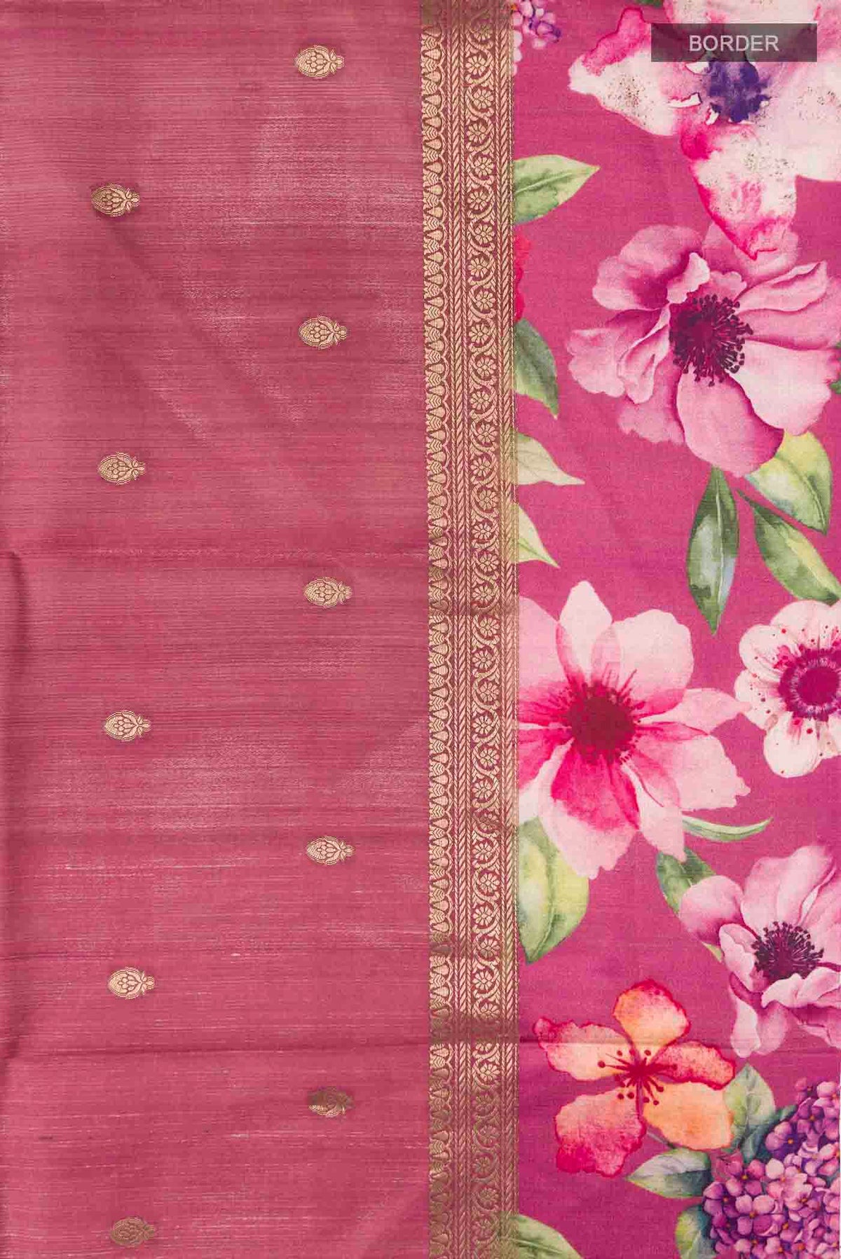 Border image of Mauve Tussar Silk Saree with Zari Butta on the body and Printed Border