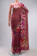 Mauve Tussar Silk Saree with Zari Butta on the body and Printed Border displayed on a mannequin