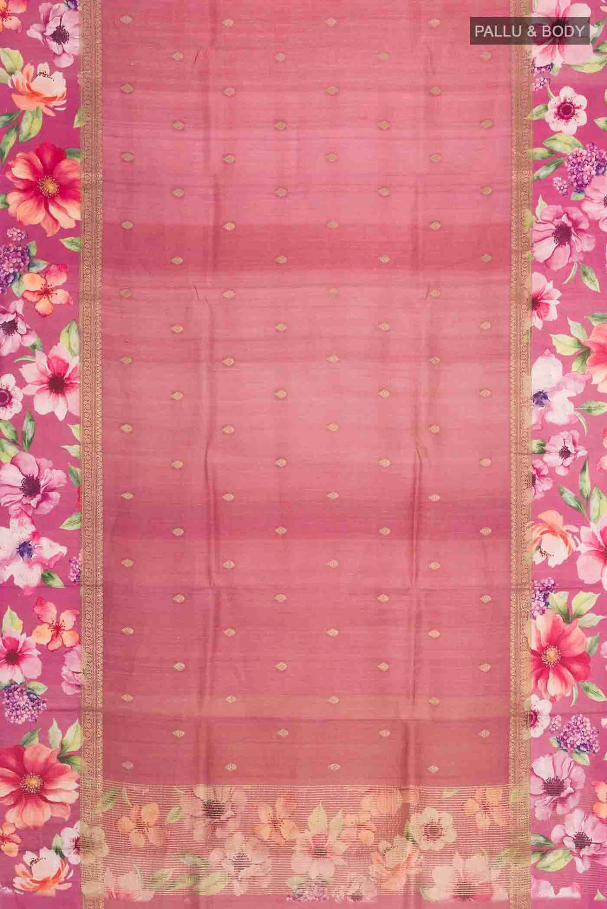 Flat view of Mauve Tussar Silk Saree with Zari Butta on the body and Printed Border