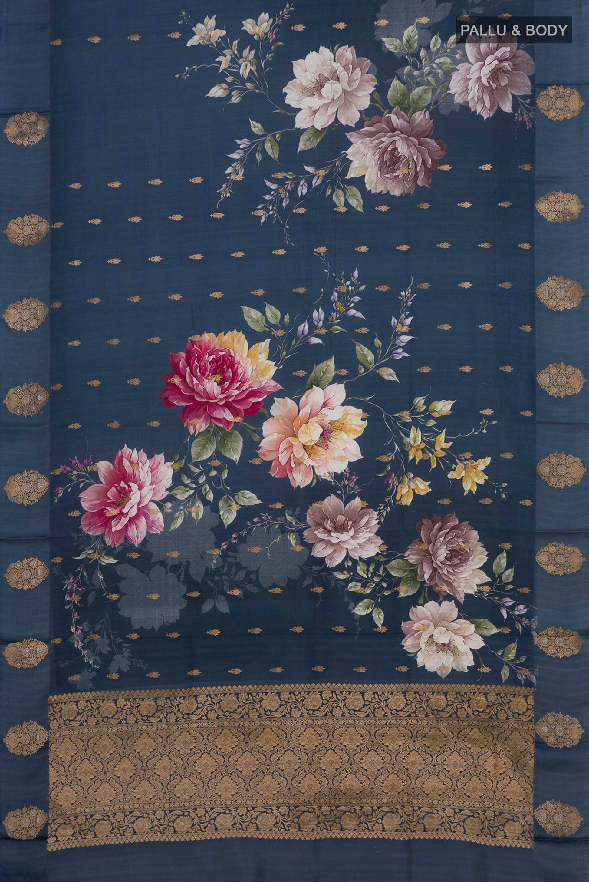 Flat view of Blue Grey Banarasi Raw Silk Saree with Zari Butta on the body and Fancy Border. 