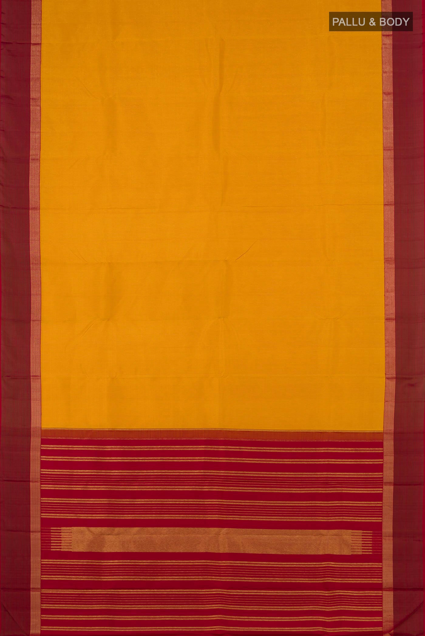 Flat view of Pure Silk Pure Zari Yellow Kanjivaram Saree with Stripes on the body and Thin Zari Line. 