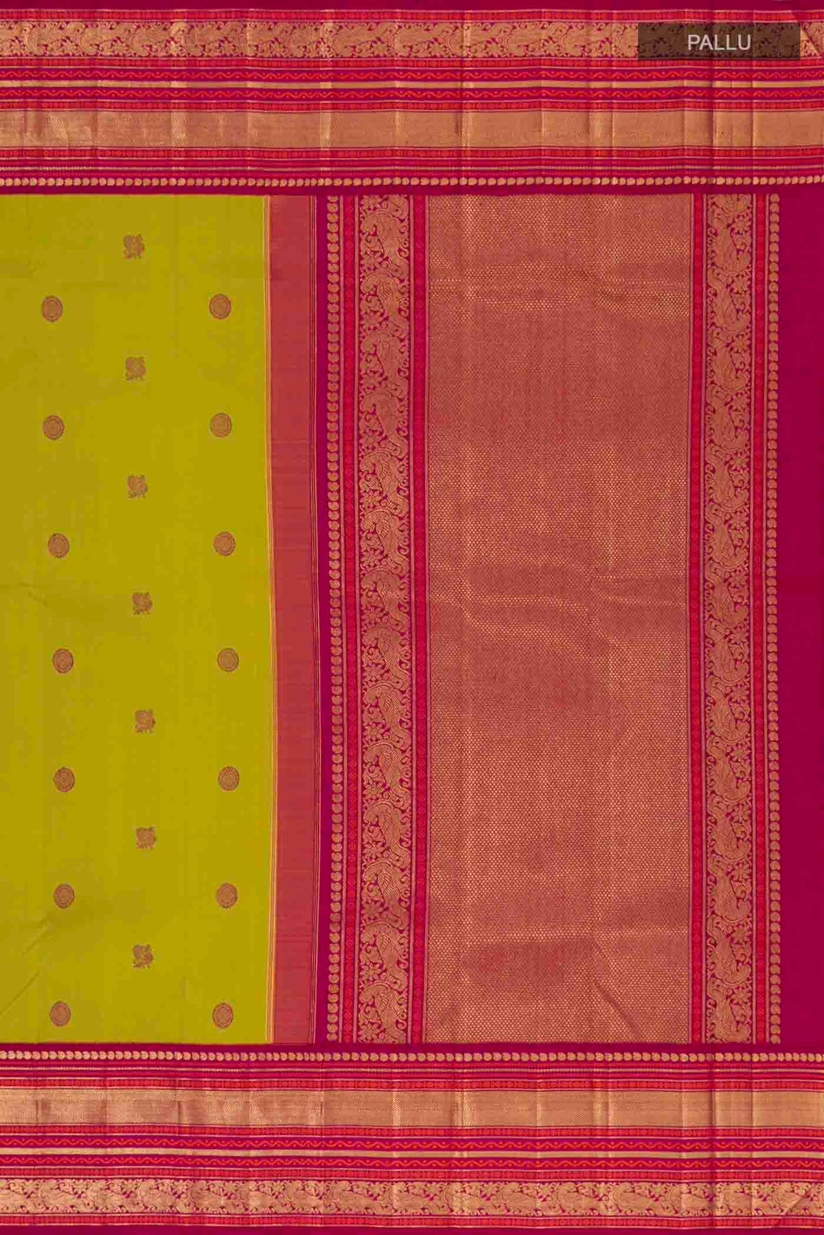 Close up image of the pallu of Pure Silk Pure Zari Parrot Green Kanchipuram Saree with Thread Butta on the body and Zari Border