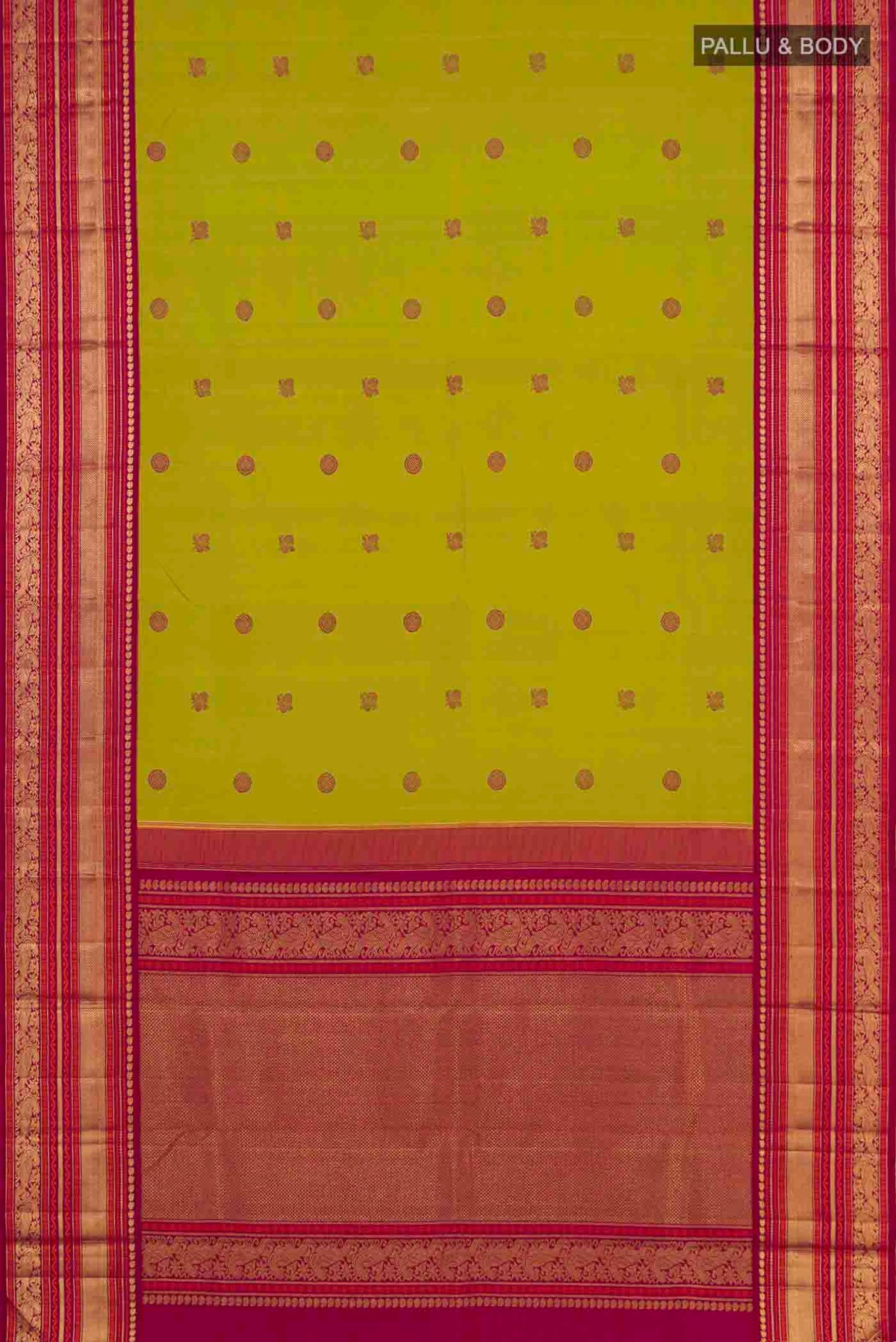 Flat view of Pure Silk Pure Zari Parrot Green Kanchipuram Saree with Thread Butta on the body and Zari Border