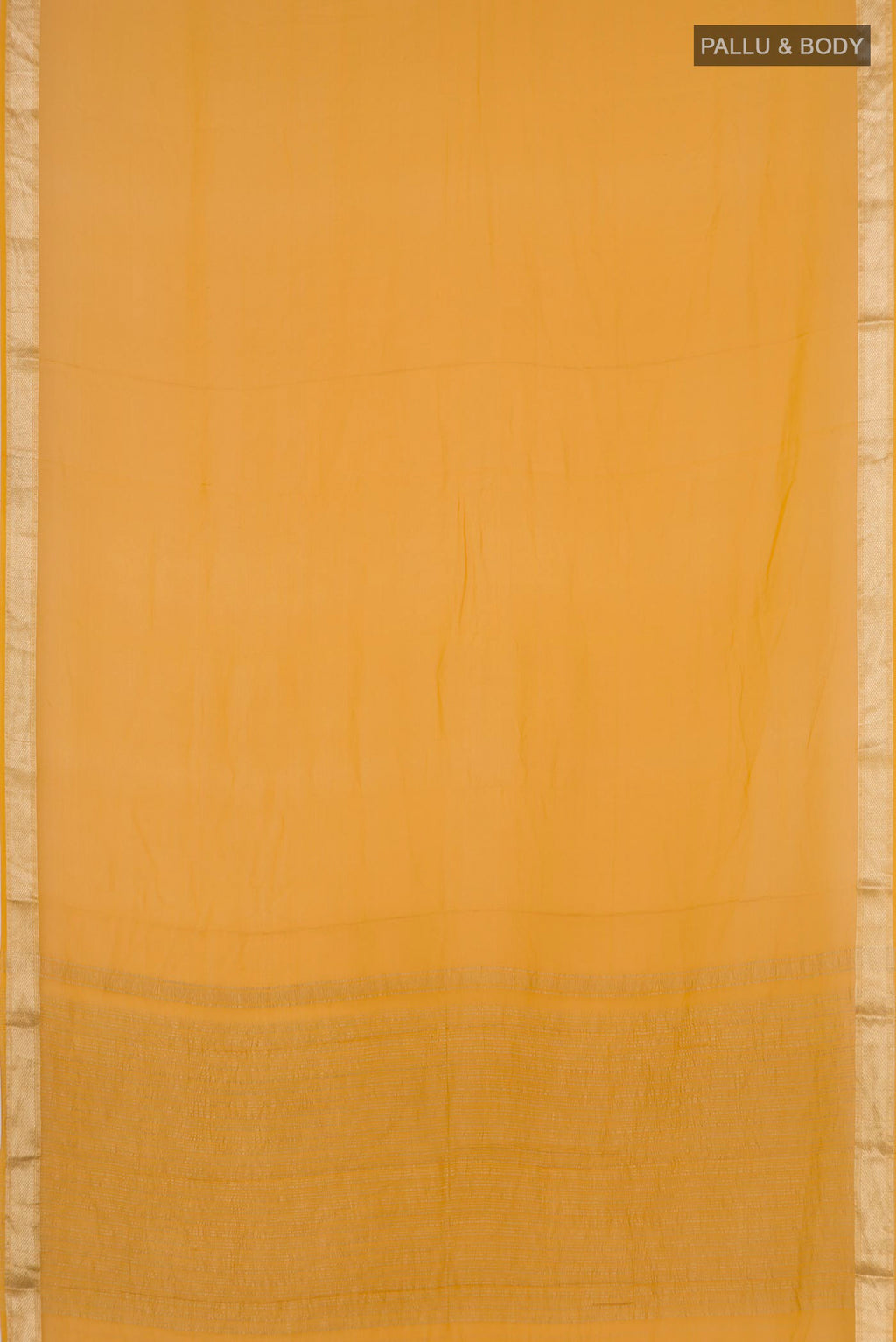 Flat view of Yellow Chiffon Saree with Plain Body and Zari Border. 