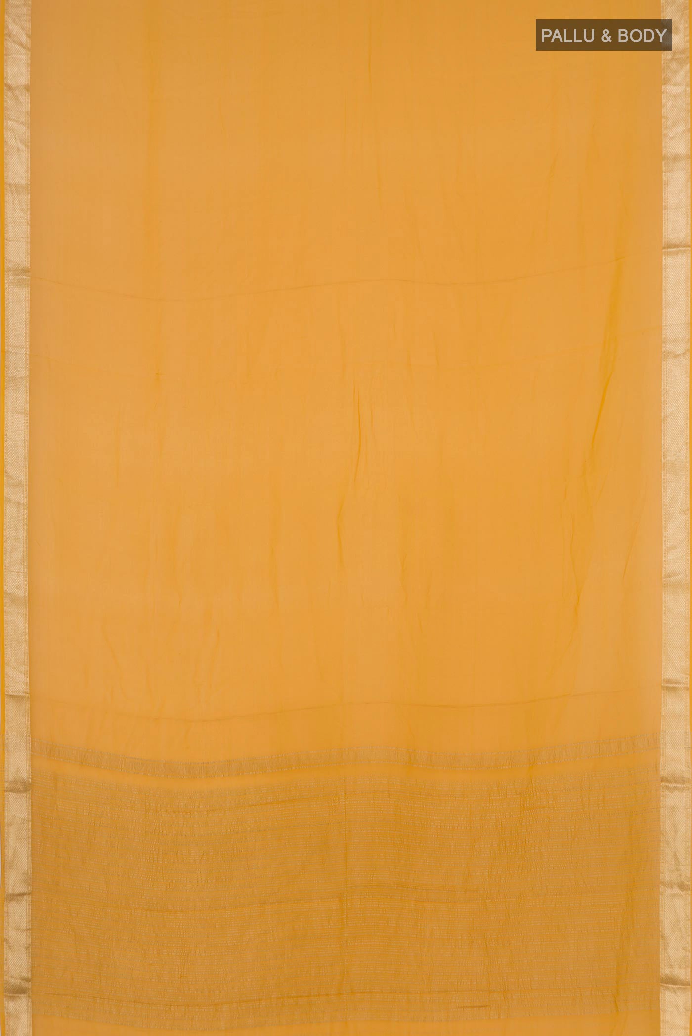 Flat view of Yellow Chiffon Saree with Plain Body and Zari Border. 