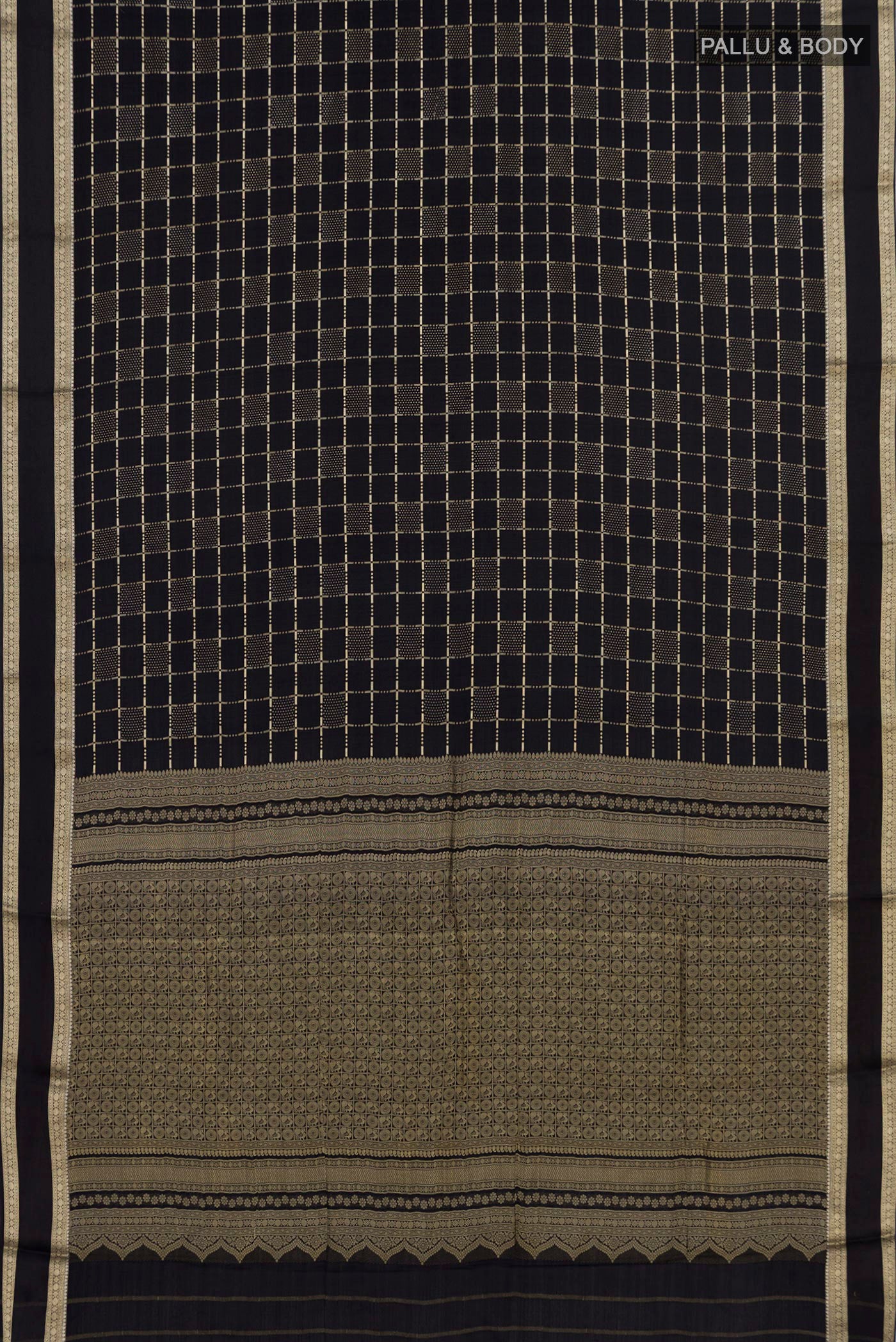 Flat view of Black Mysore Silk Saree with Checked design on the body and Zari Border. 