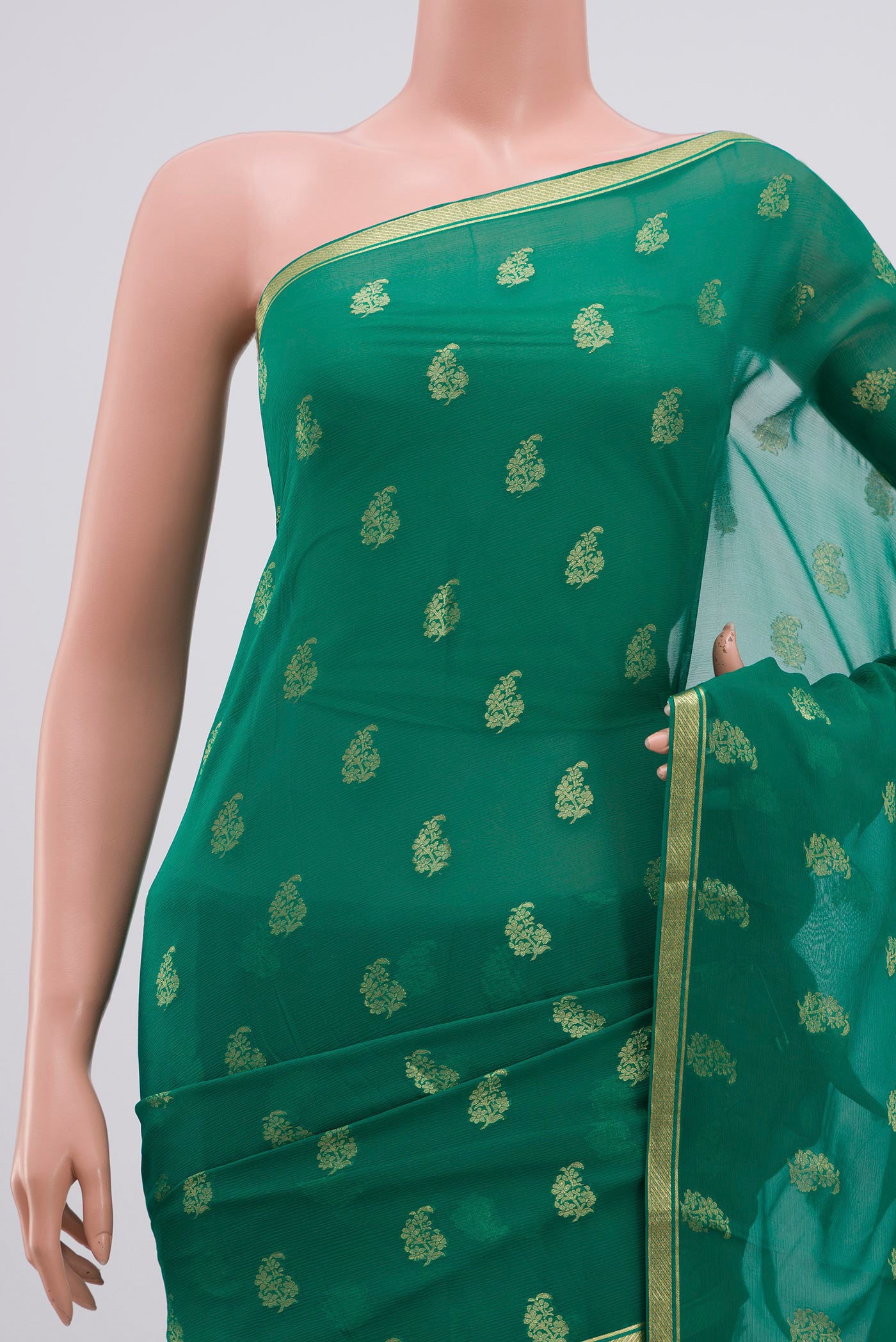 Border image of Green Chiffon Saree with Zari Brocade on the body and Zari Border. 