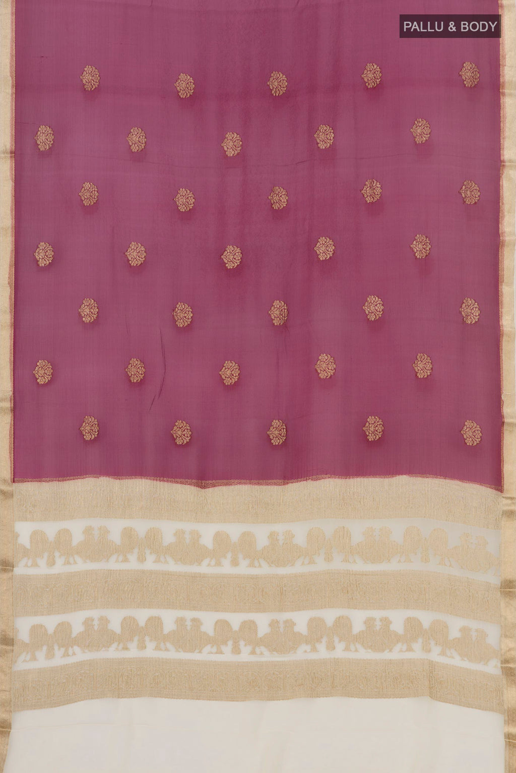 Flat view of Purple Chiffon Saree with Zari Butta on the body and Zari Border. 