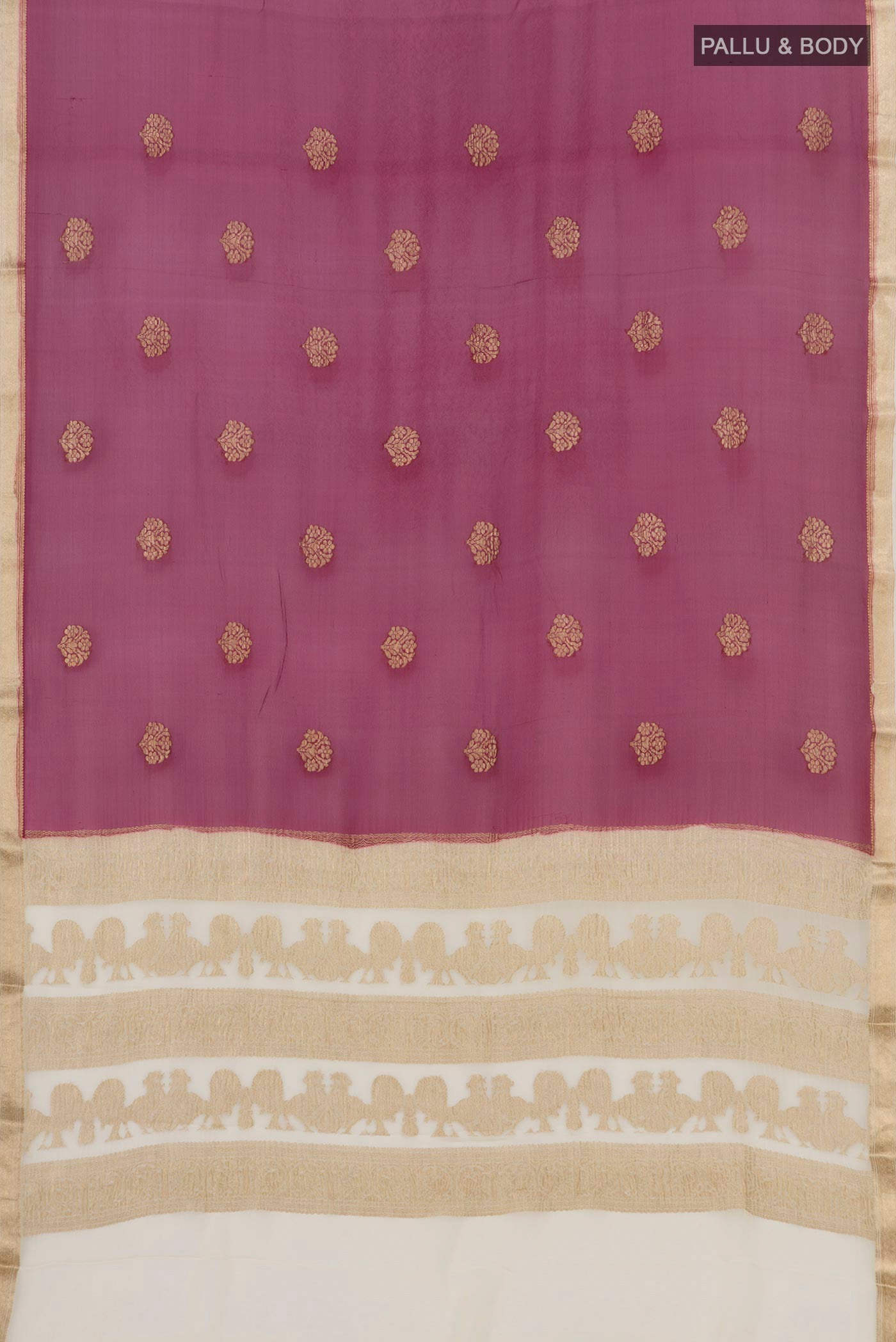 Flat view of Purple Chiffon Saree with Zari Butta on the body and Zari Border. 