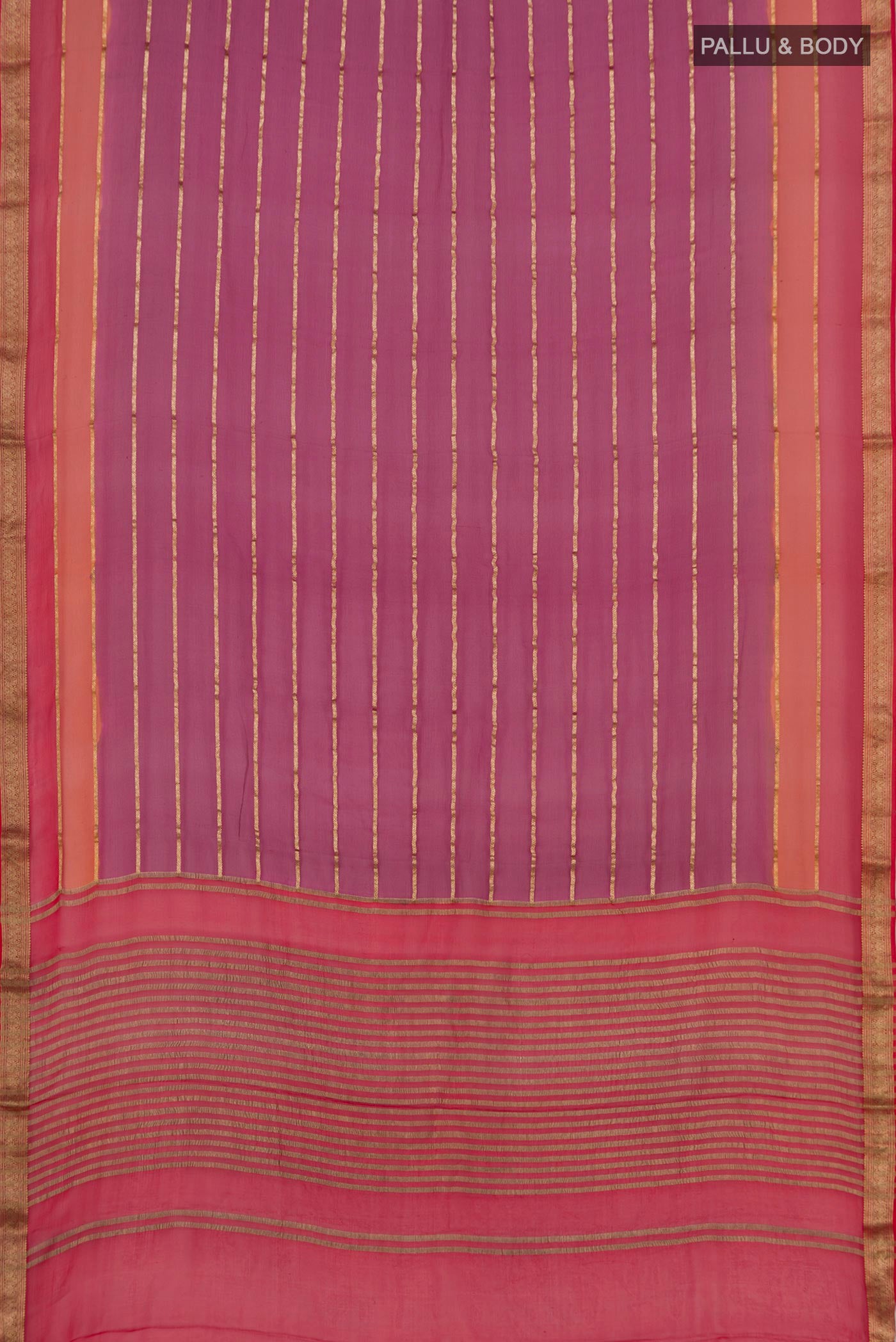 Flat view of Magenta Chiffon Saree with Veldhari on the body and Zari Border. 