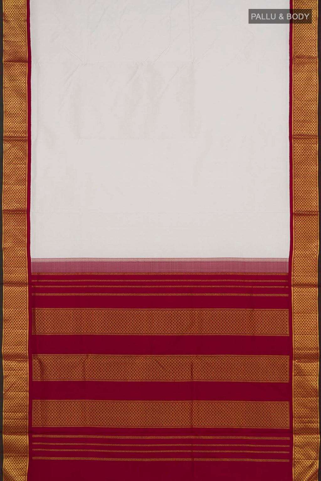 Flat view of Pure Silk White Kanchipuram Nine Yards Saree with Plain Body and Zari Border. 