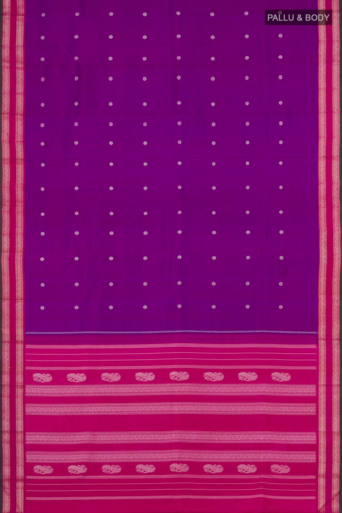 Flat view of Blue Dual Tone Kanchipuram Silk Saree with Thread Butta on the body and Thread Border. 