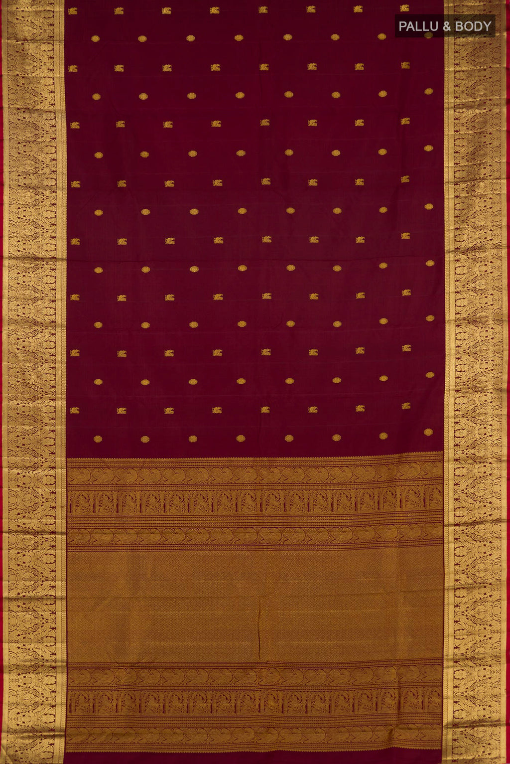 Flat view of Coffee Brown Kanjivaram Silk Saree with Zari Butta on the body and Zari Border. 