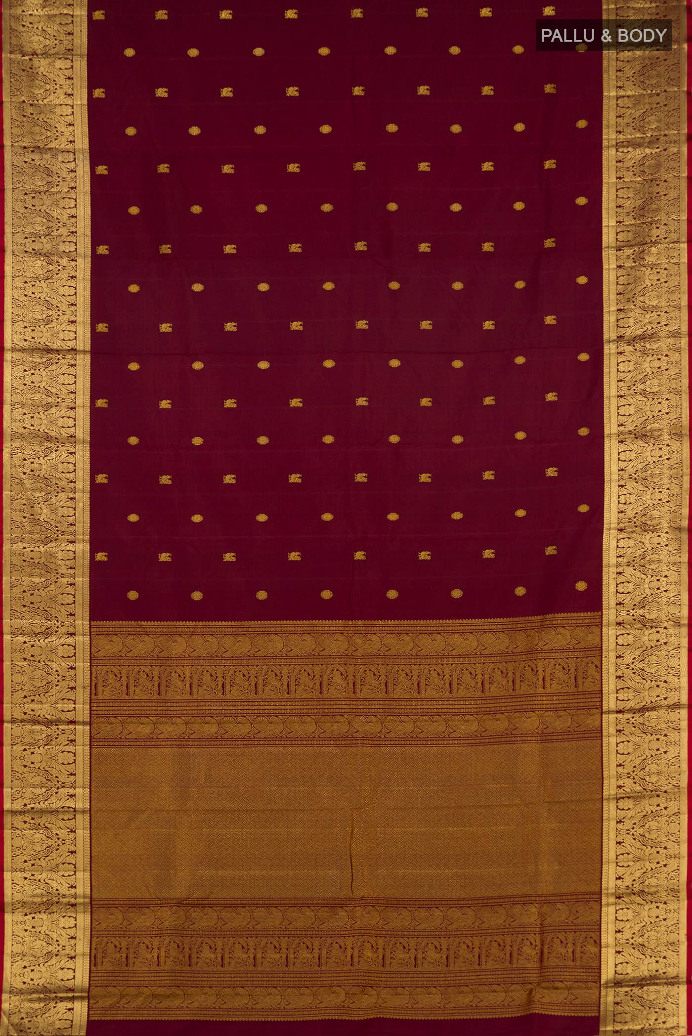 Flat view of Coffee Brown Kanjivaram Silk Saree with Zari Butta on the body and Zari Border. 
