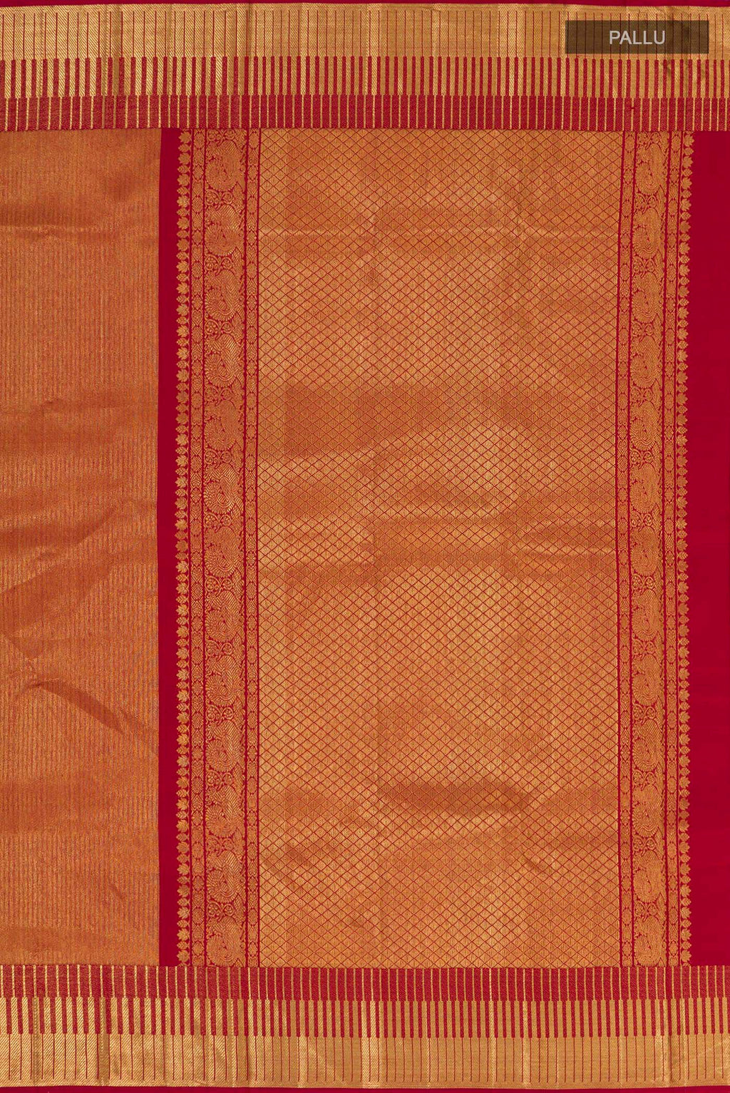 Close up image of the pallu of Maroon Kanchipuram Silk Saree with Zari Brocade on the body and Zari Border. 