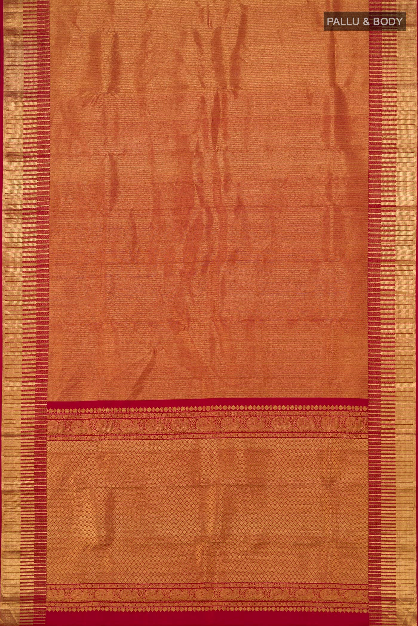 Flat view of Maroon Kanchipuram Silk Saree with Zari Brocade on the body and Zari Border. 
