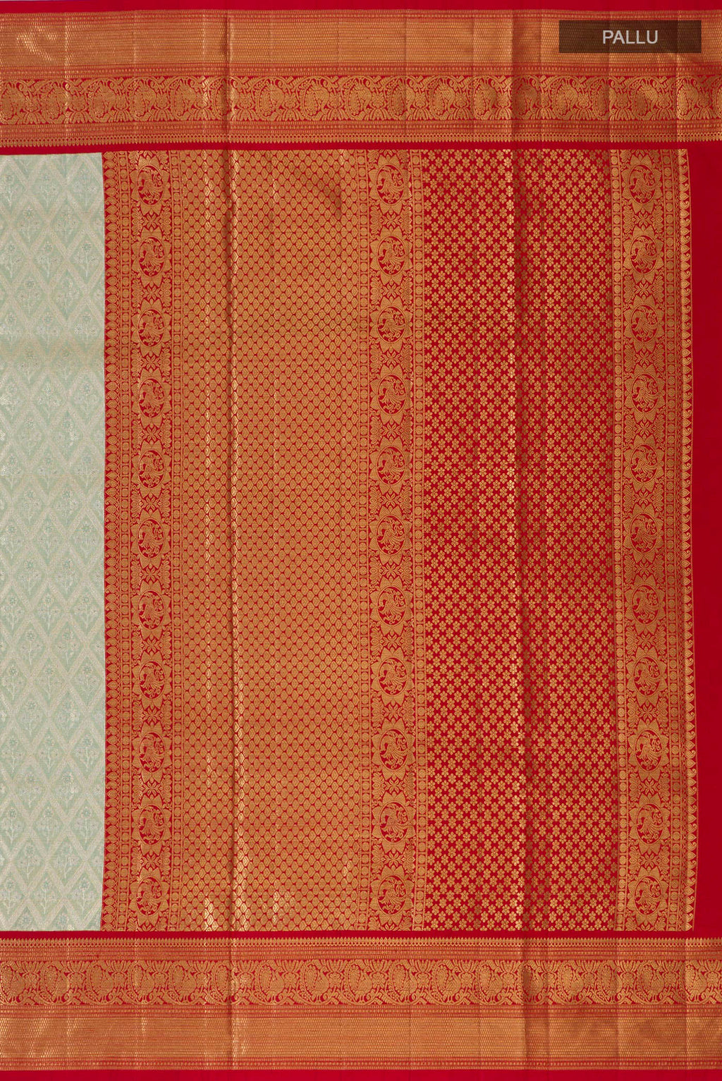 Close up image of the pallu of Light Blue Kanjivaram Tissue Silk Saree with Zari Brocade on the body and Zari Border. 