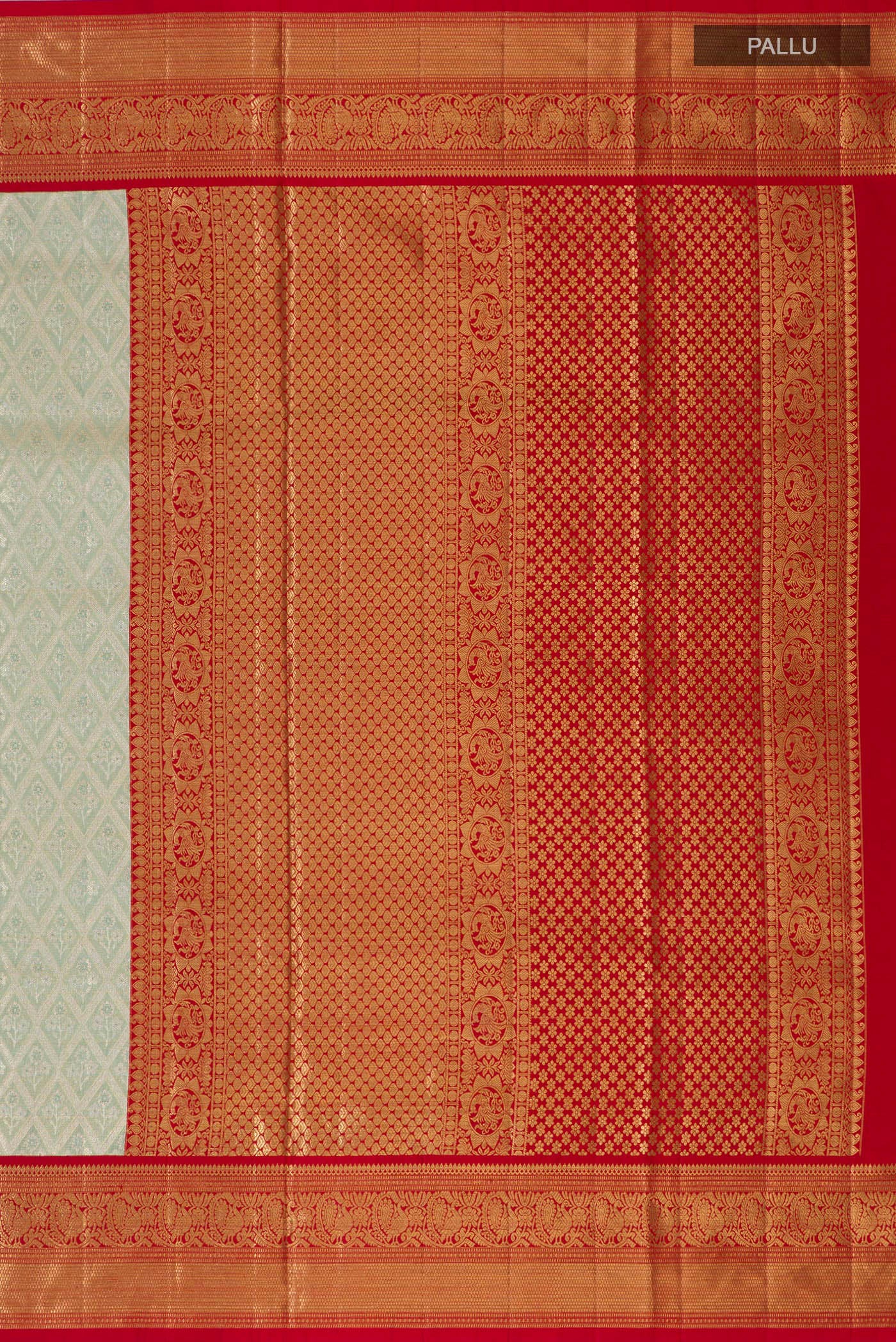 Close up image of the pallu of Light Blue Kanjivaram Tissue Silk Saree with Zari Brocade on the body and Zari Border. 