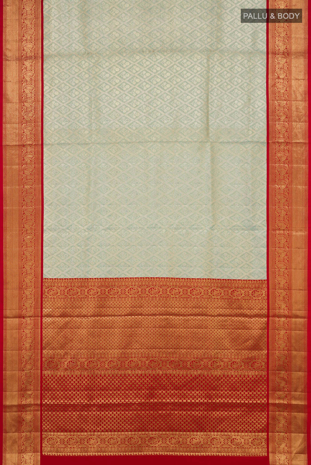 Flat view of Light Blue Kanjivaram Tissue Silk Saree with Zari Brocade on the body and Zari Border. 