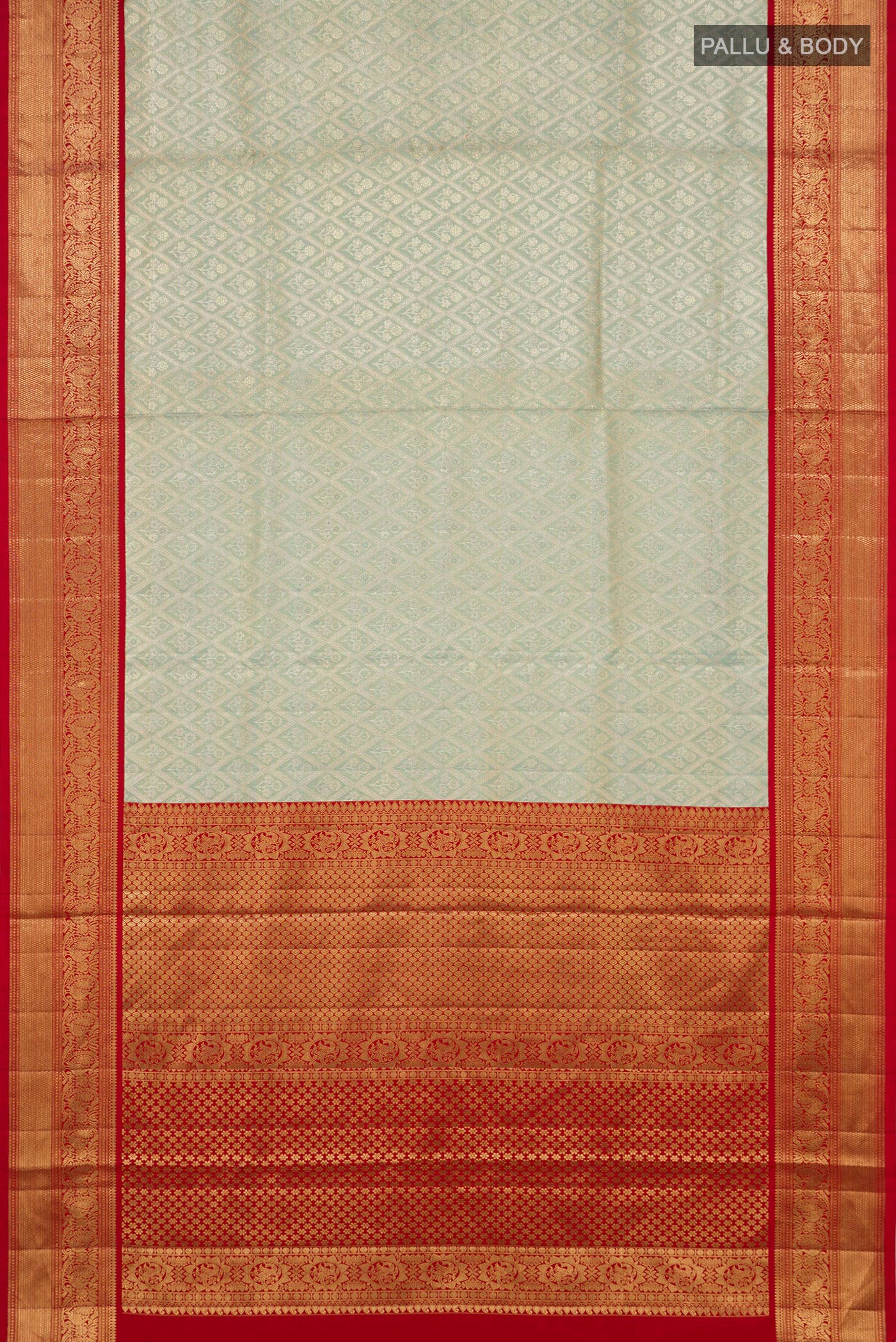 Flat view of Light Blue Kanjivaram Tissue Silk Saree with Zari Brocade on the body and Zari Border. 