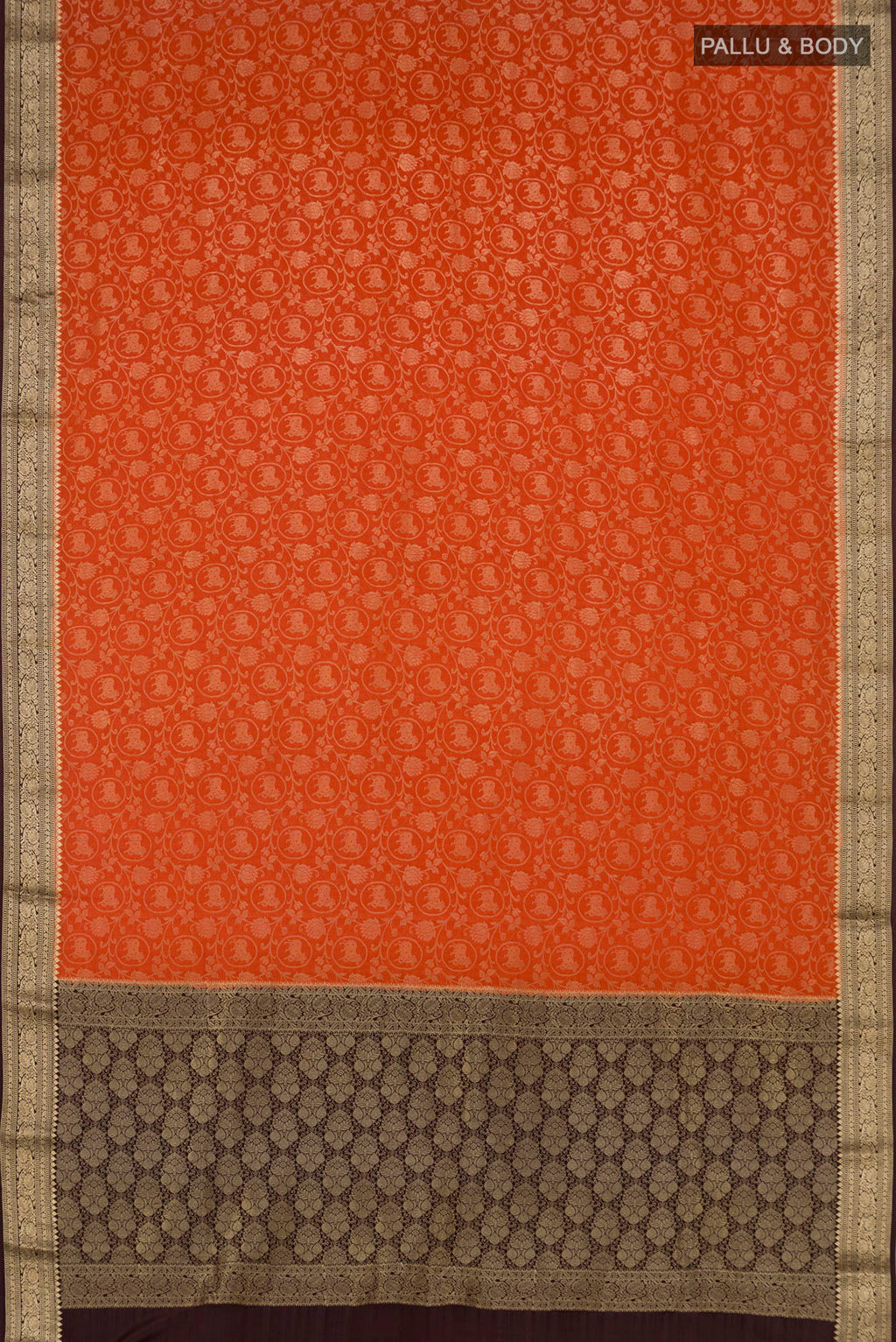 Flat view of Orange Mysore Silk Saree with Zari Brocade on the body and Zari Border. 