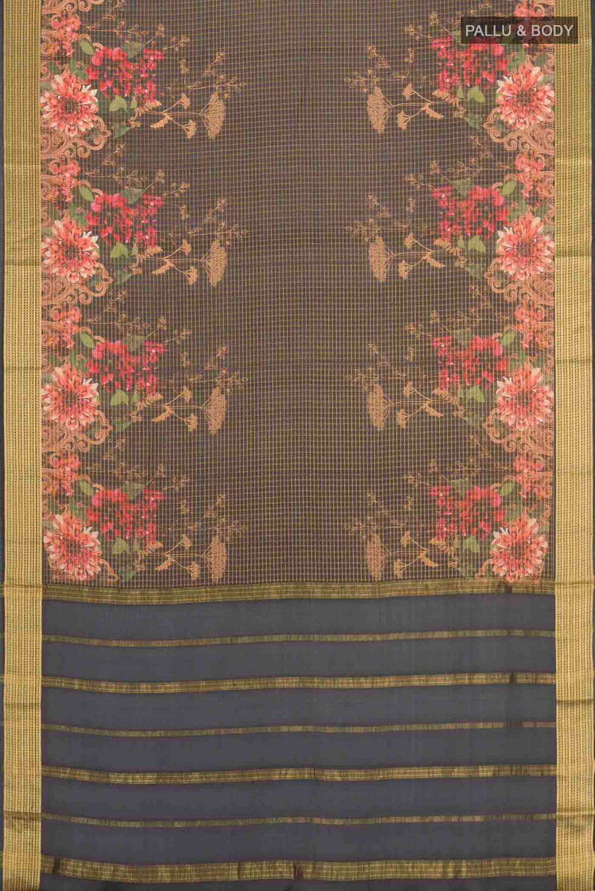 Flat view of Black Mysore Crepe Saree with Checked design on the body and Zari Border