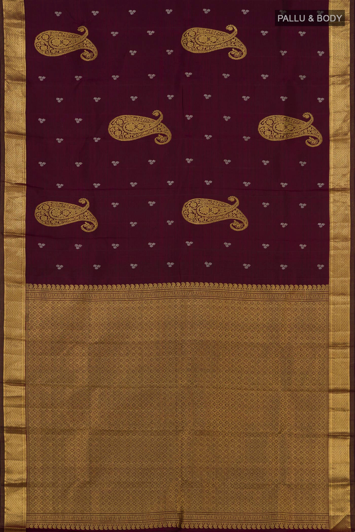 Flat view of Brown Kanjivaram Silk Saree with Zari Butta on the body and Zari Border. 