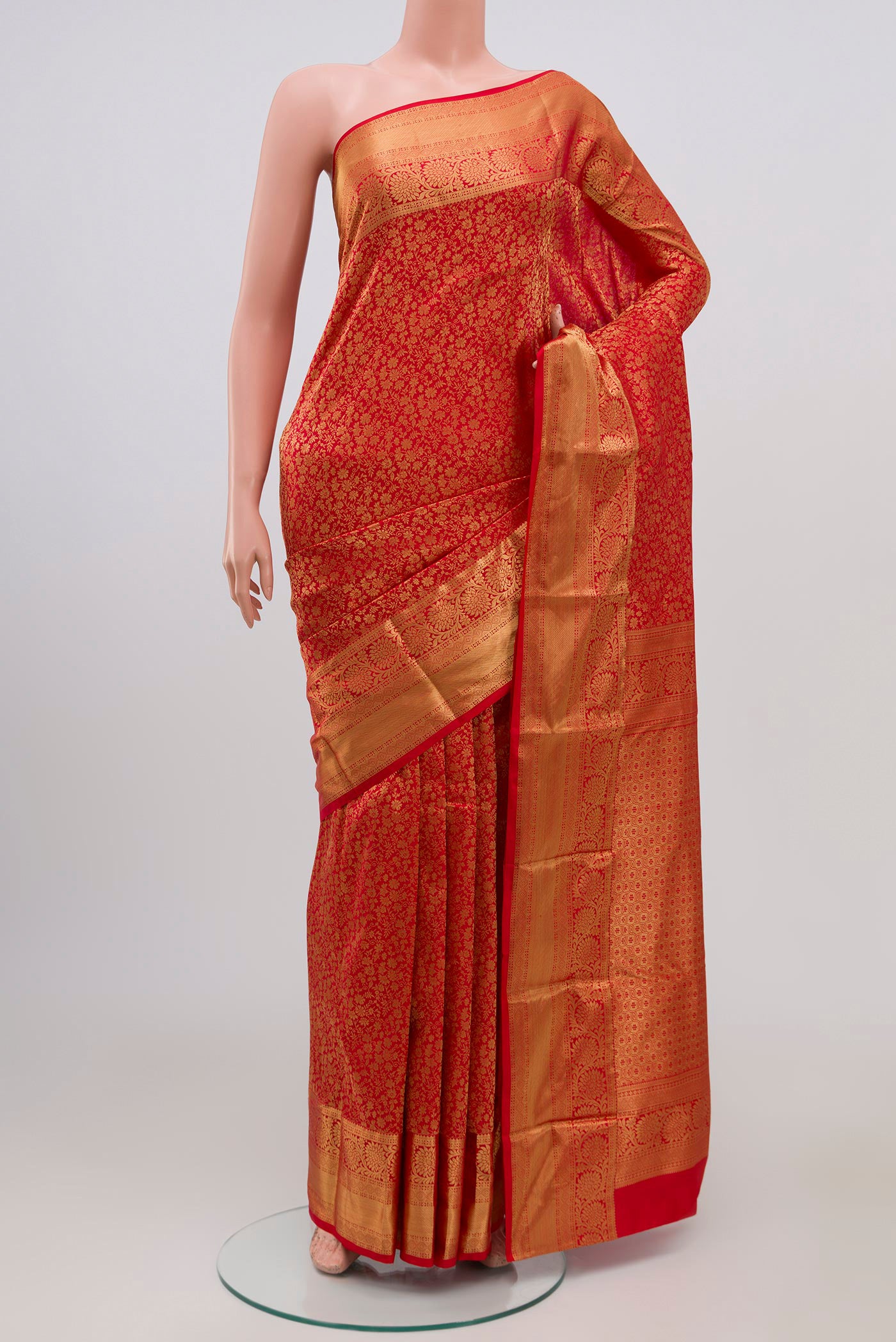 Red Bangalore Silk Saree with Zari Brocade on the body and Zari Border.  displayed on a mannequin