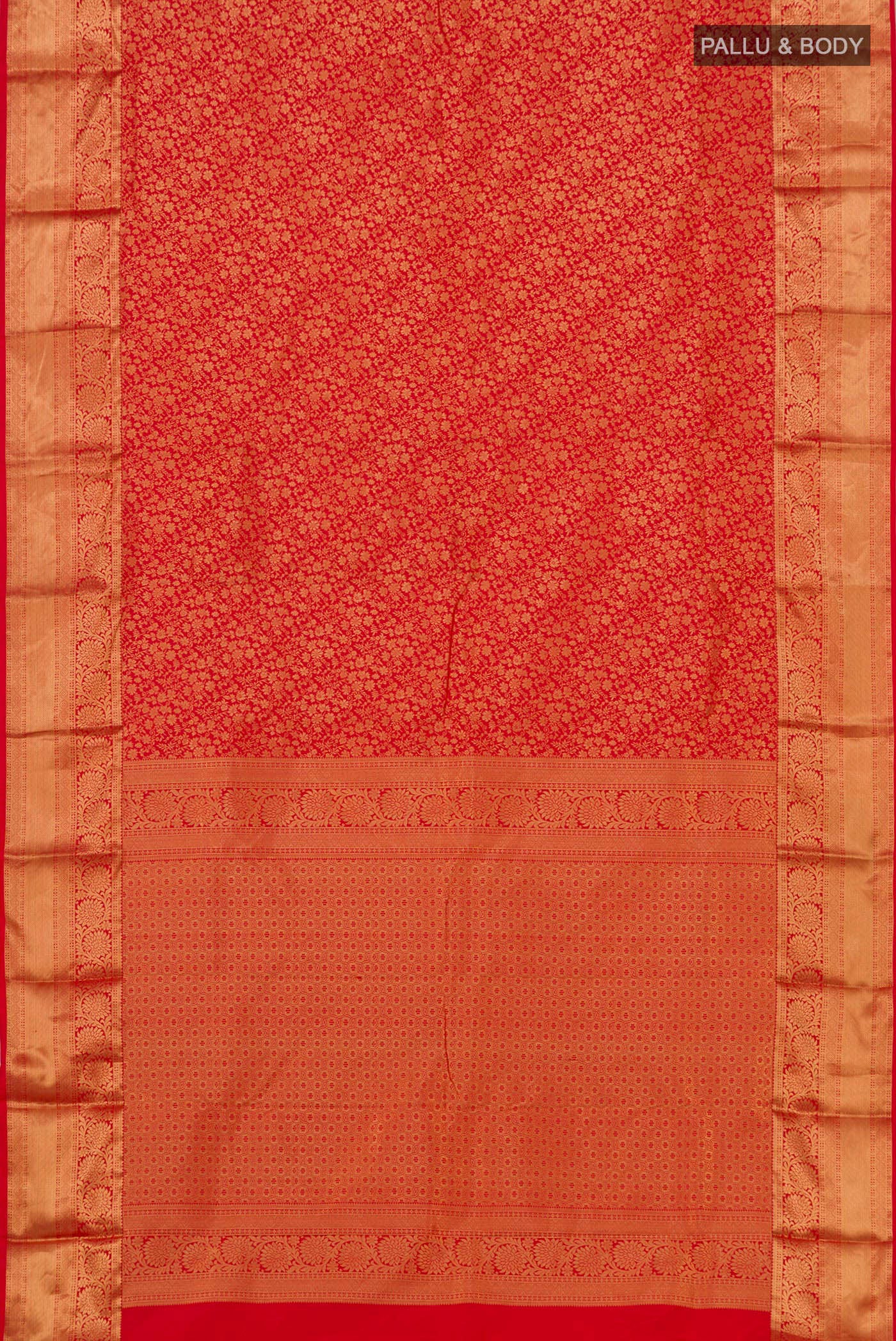 Flat view of Red Bangalore Silk Saree with Zari Brocade on the body and Zari Border. 
