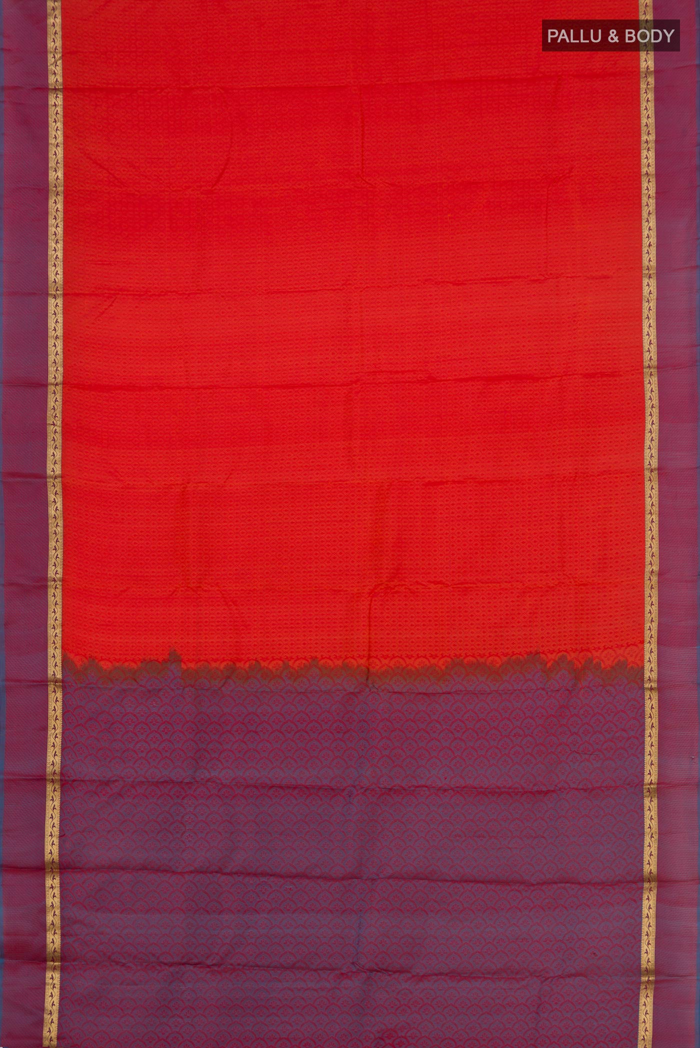 Flat view of Red Kanchipuram Silk Saree with Jacquard design on the body and Thin Zari Line. 