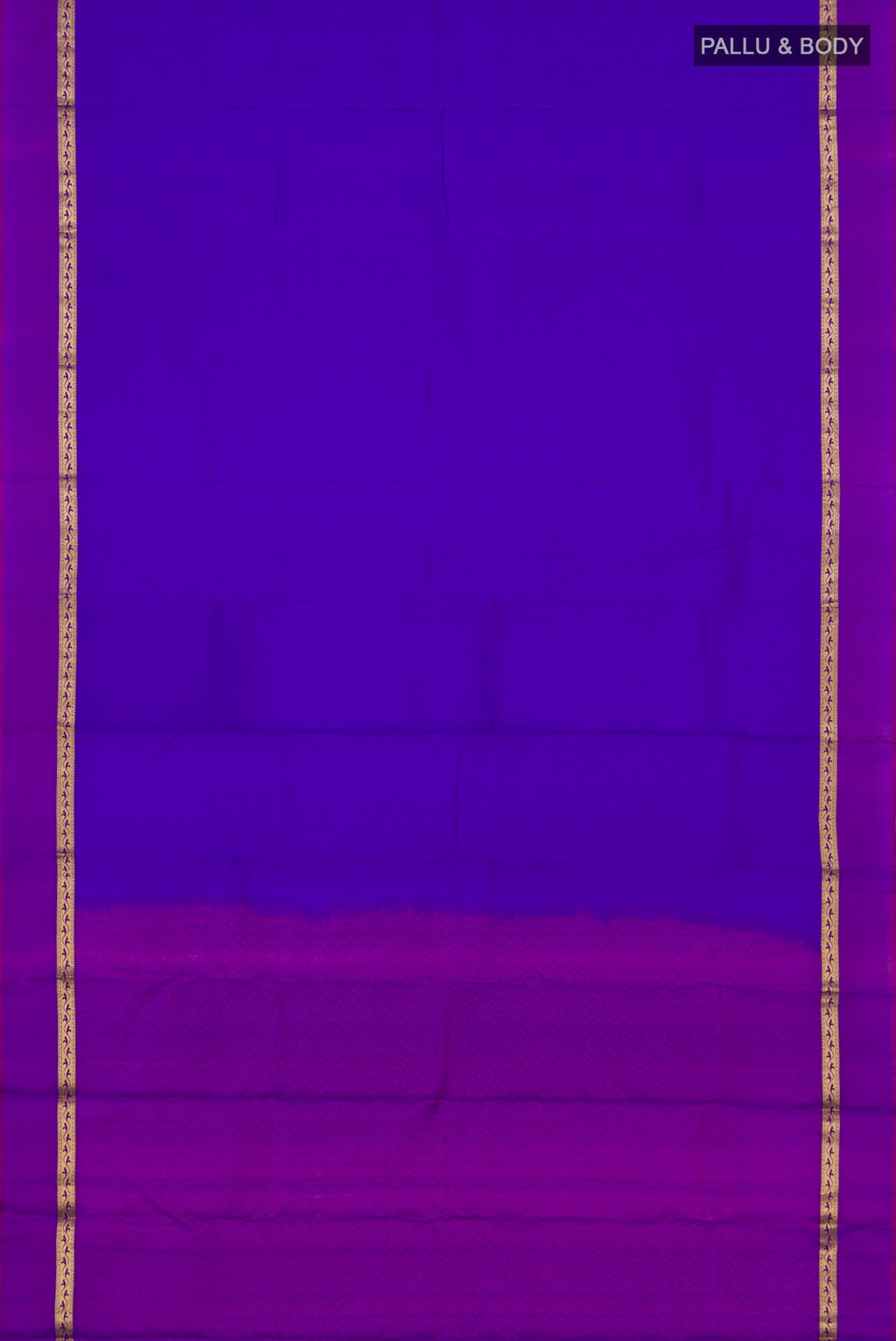 Flat view of Blue Kanchipuram Silk Saree with Jacquard design on the body and Thin Zari Line. 