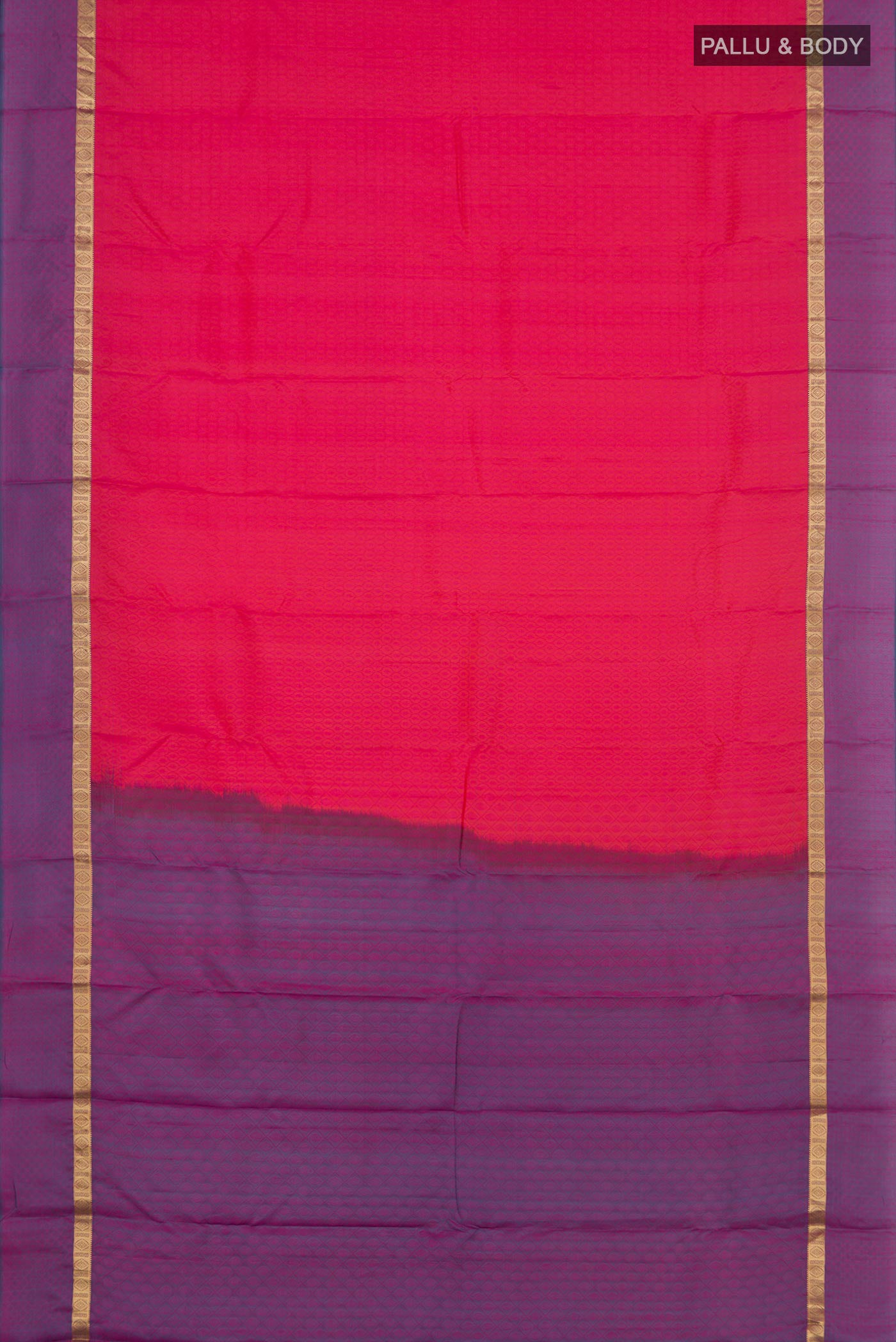 Flat view of Pink Kanchipuram Silk Saree with Jacquard design on the body and Thin Zari Line. 