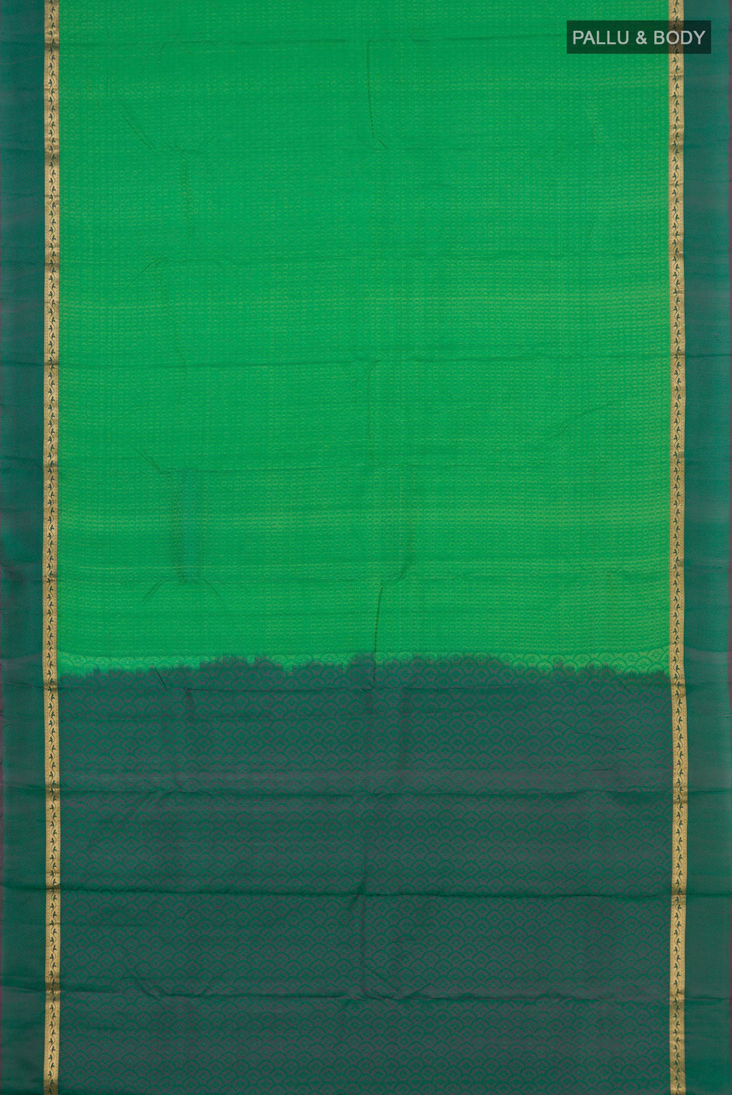 Flat view of Light Green Kanchipuram Silk Saree with Jacquard design on the body and Thin Zari Line. 