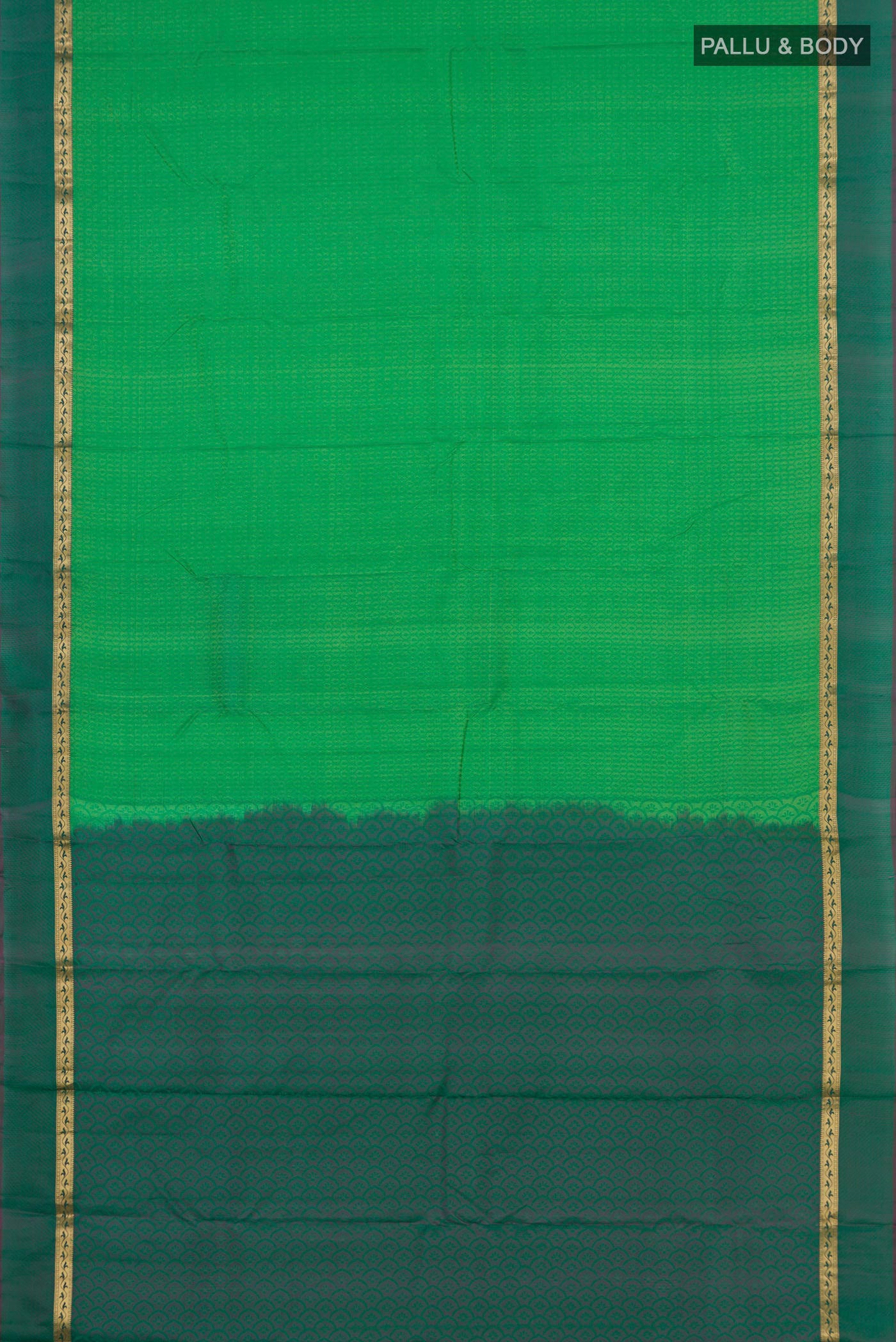 Flat view of Light Green Kanchipuram Silk Saree with Jacquard design on the body and Thin Zari Line. 