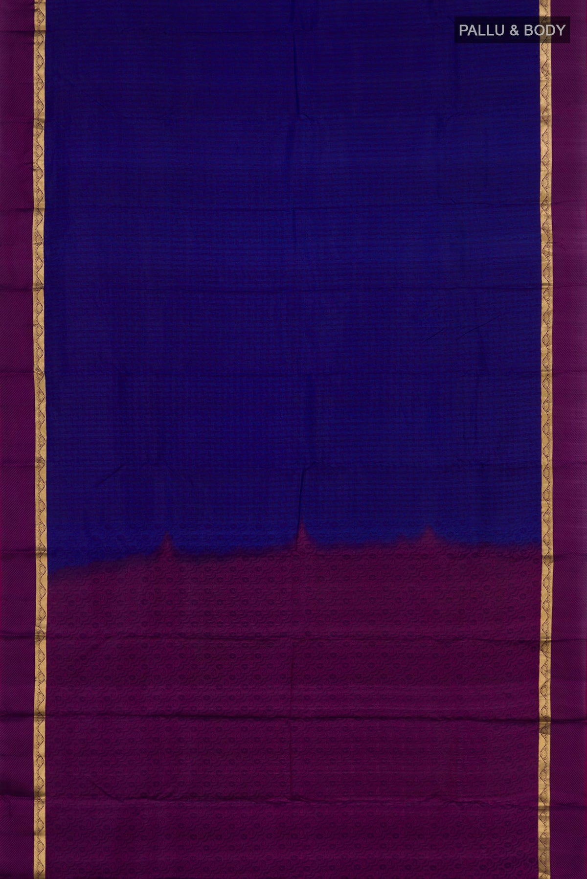 Flat view of Blue Kanchipuram Silk Saree with Jacquard design on the body and Thin Zari Line. 