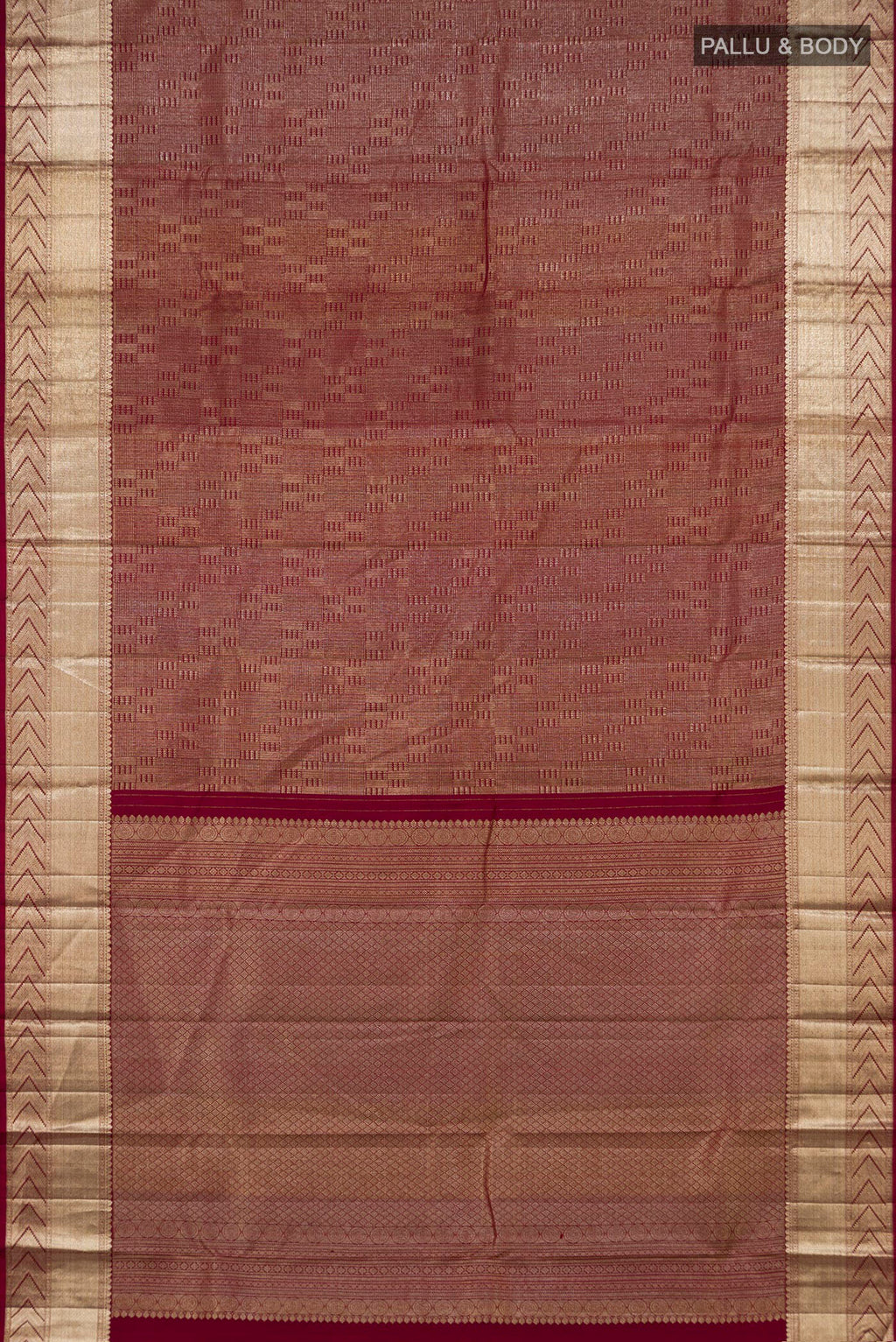Flat view of Maroon Kanchipuram Silk Saree with Zari Brocade on the body and Zari Border. 