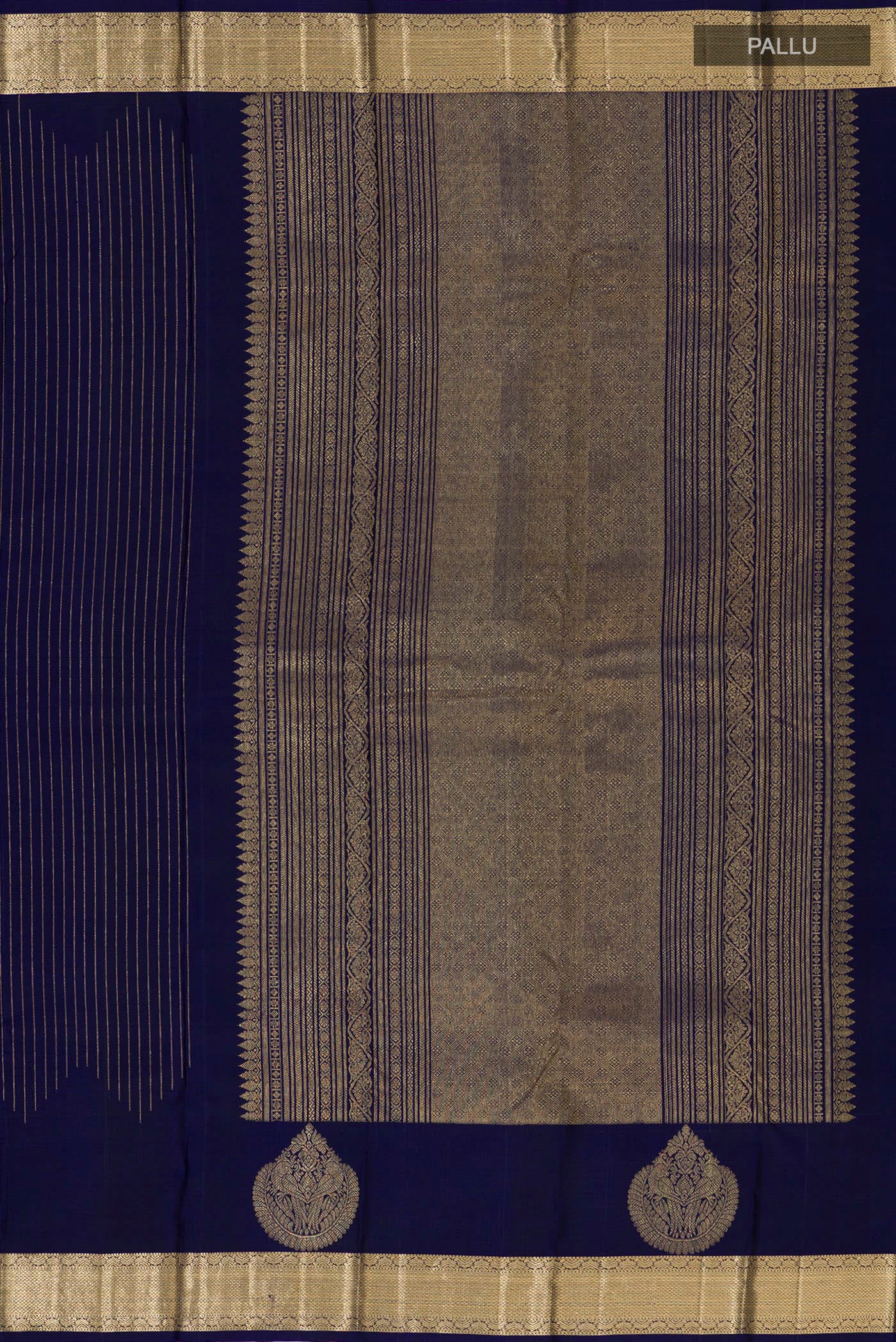 Close up image of the pallu of Blue Kanjivaram Saree with Stripes on the body and Zari Border. 
