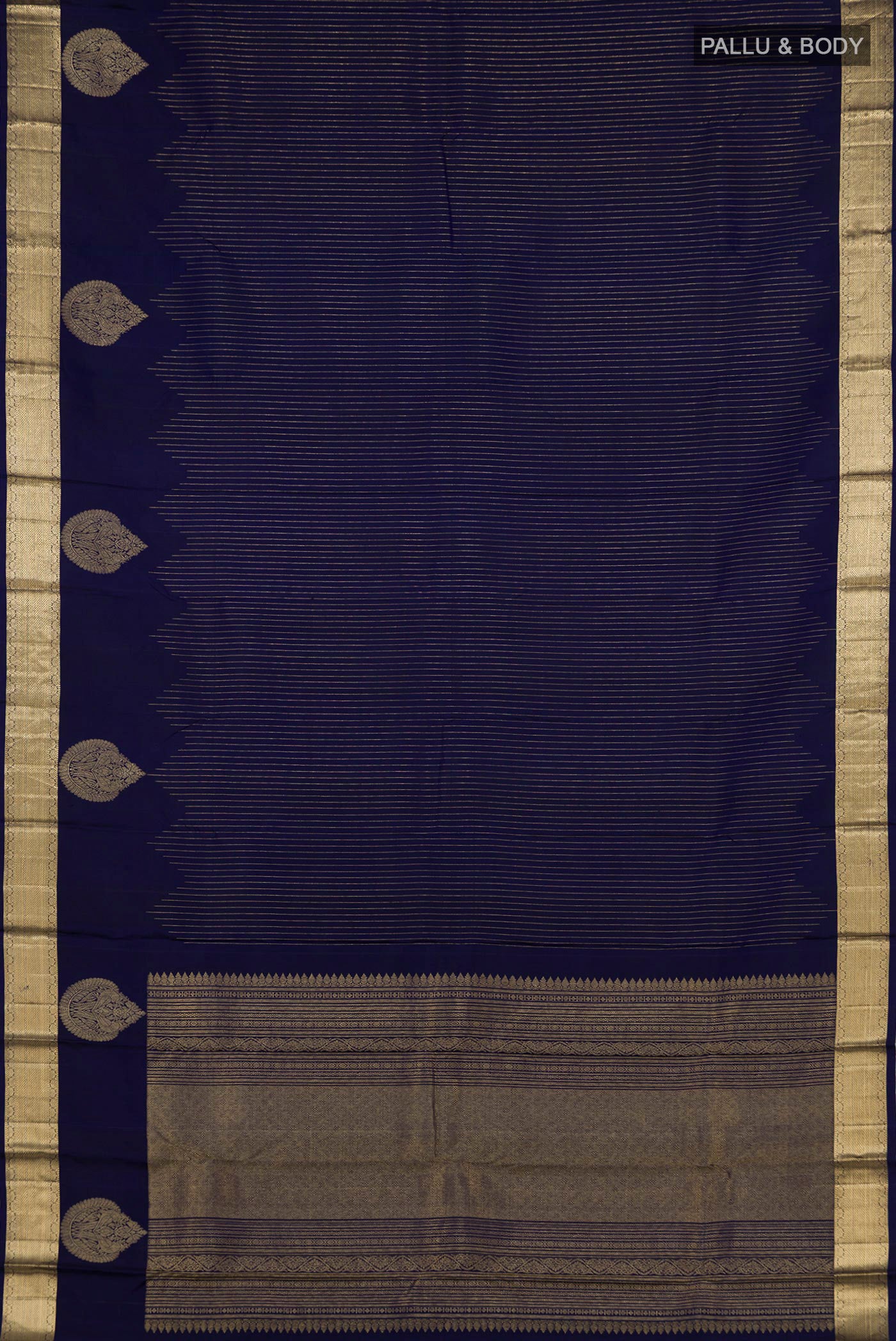 Flat view of Blue Kanjivaram Saree with Stripes on the body and Zari Border. 
