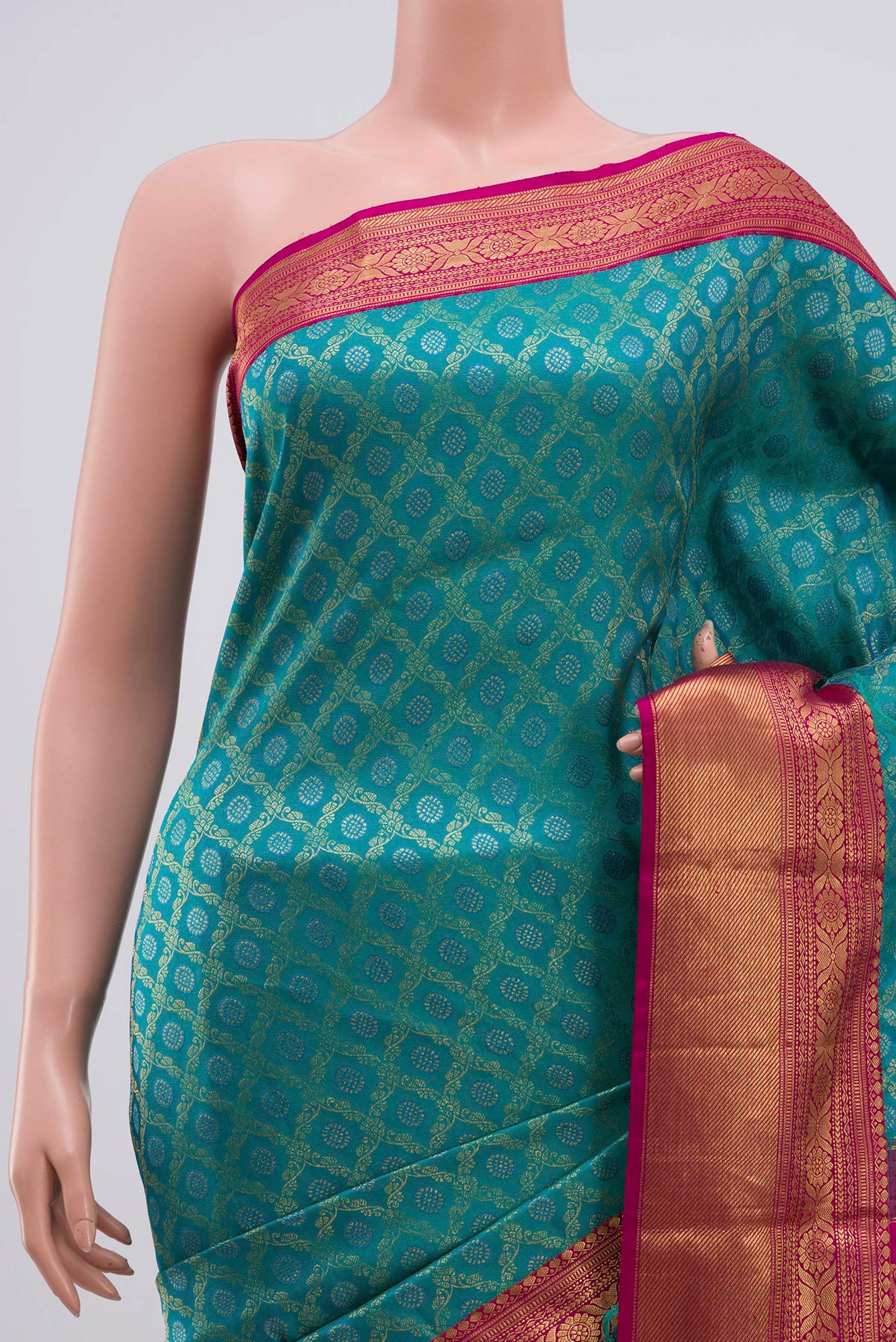 Border image of Peacock Blue Kanjivaram Silk Saree with Zari Brocade on the body and Zari Border. 