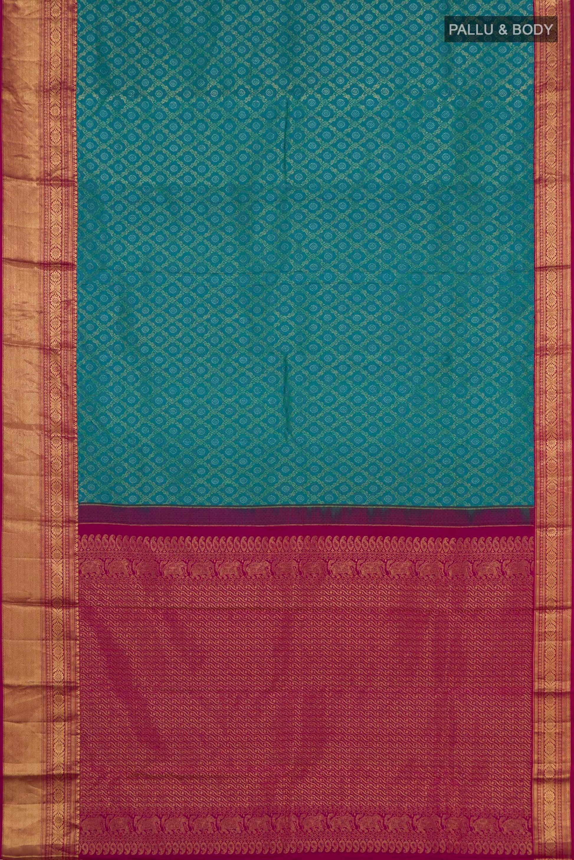 Flat view of Peacock Blue Kanjivaram Silk Saree with Zari Brocade on the body and Zari Border. 
