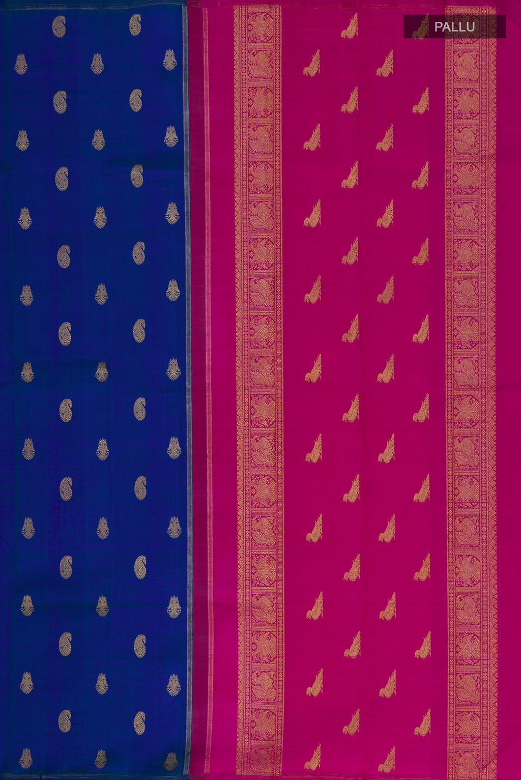 Close up image of the pallu of Pure Silk Pure Zari Blue Kanchipuram Saree with Zari Butta on the body and Thin Zari Line. 