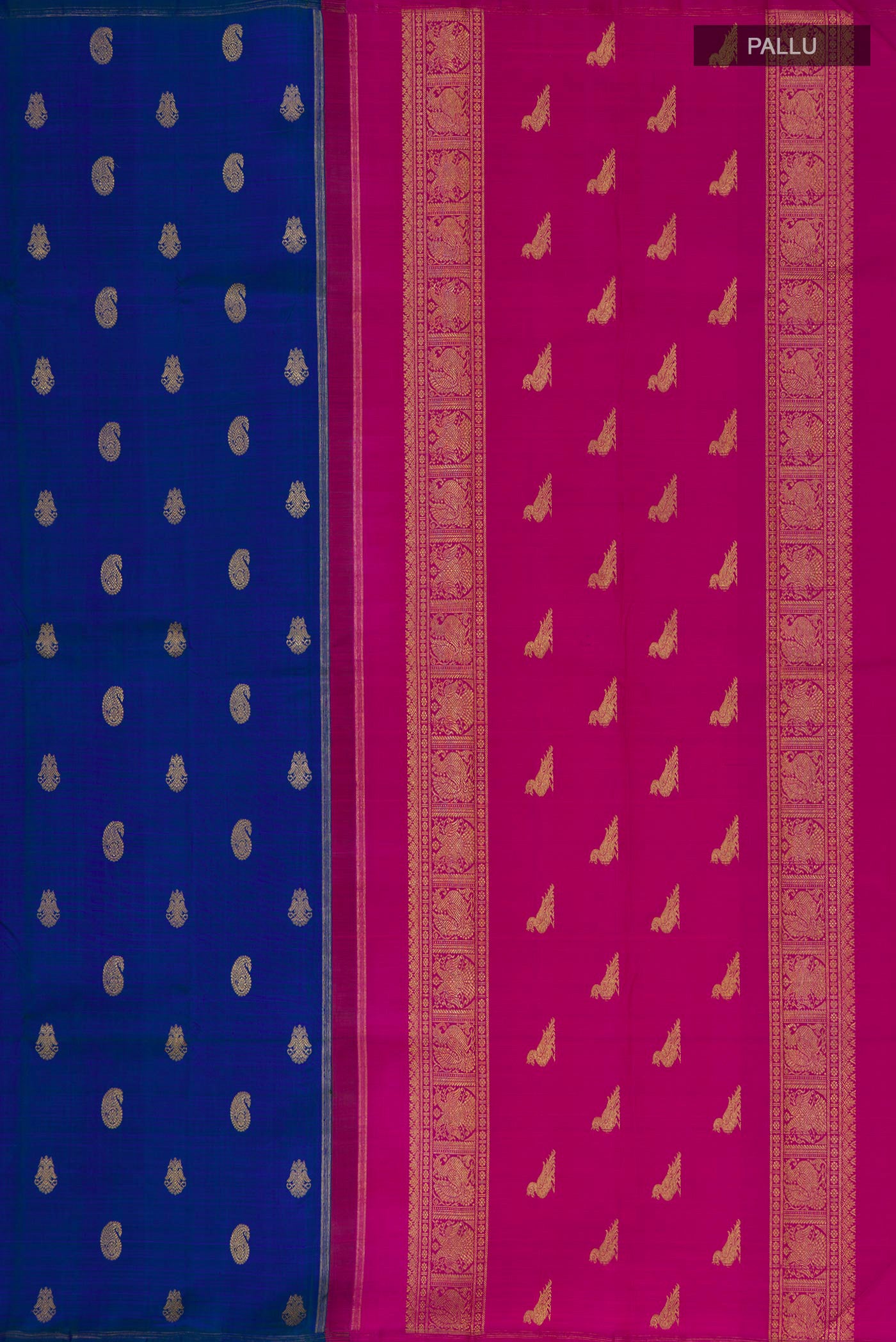 Close up image of the pallu of Pure Silk Pure Zari Blue Kanchipuram Saree with Zari Butta on the body and Thin Zari Line. 
