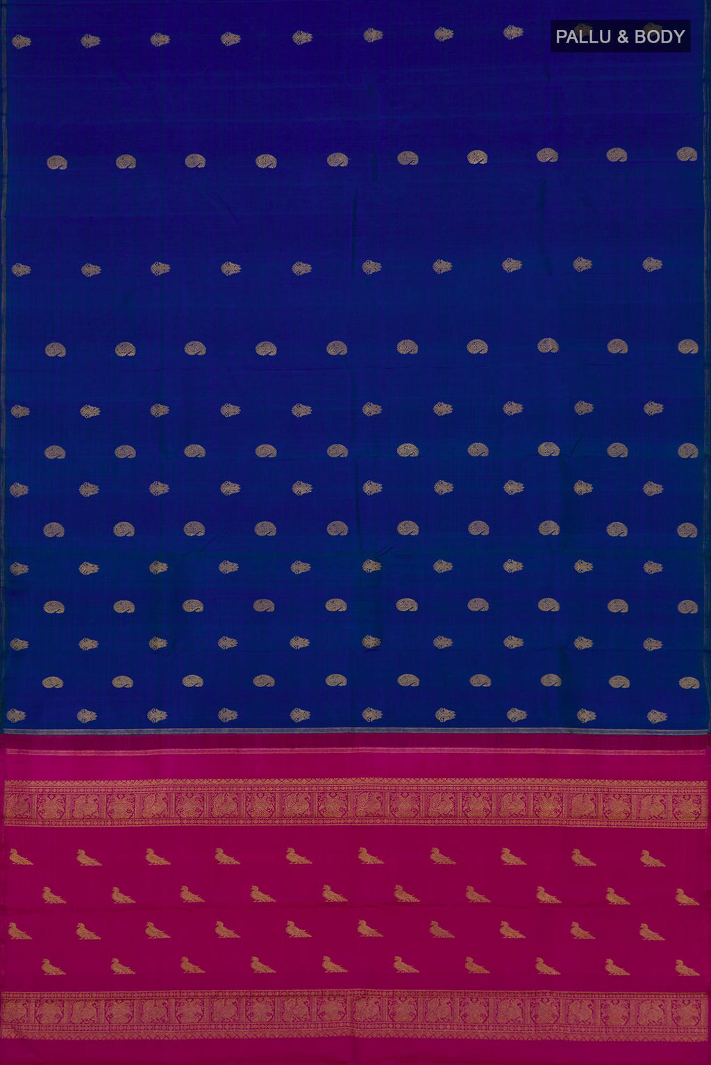 Flat view of Pure Silk Pure Zari Blue Kanchipuram Saree with Zari Butta on the body and Thin Zari Line. 