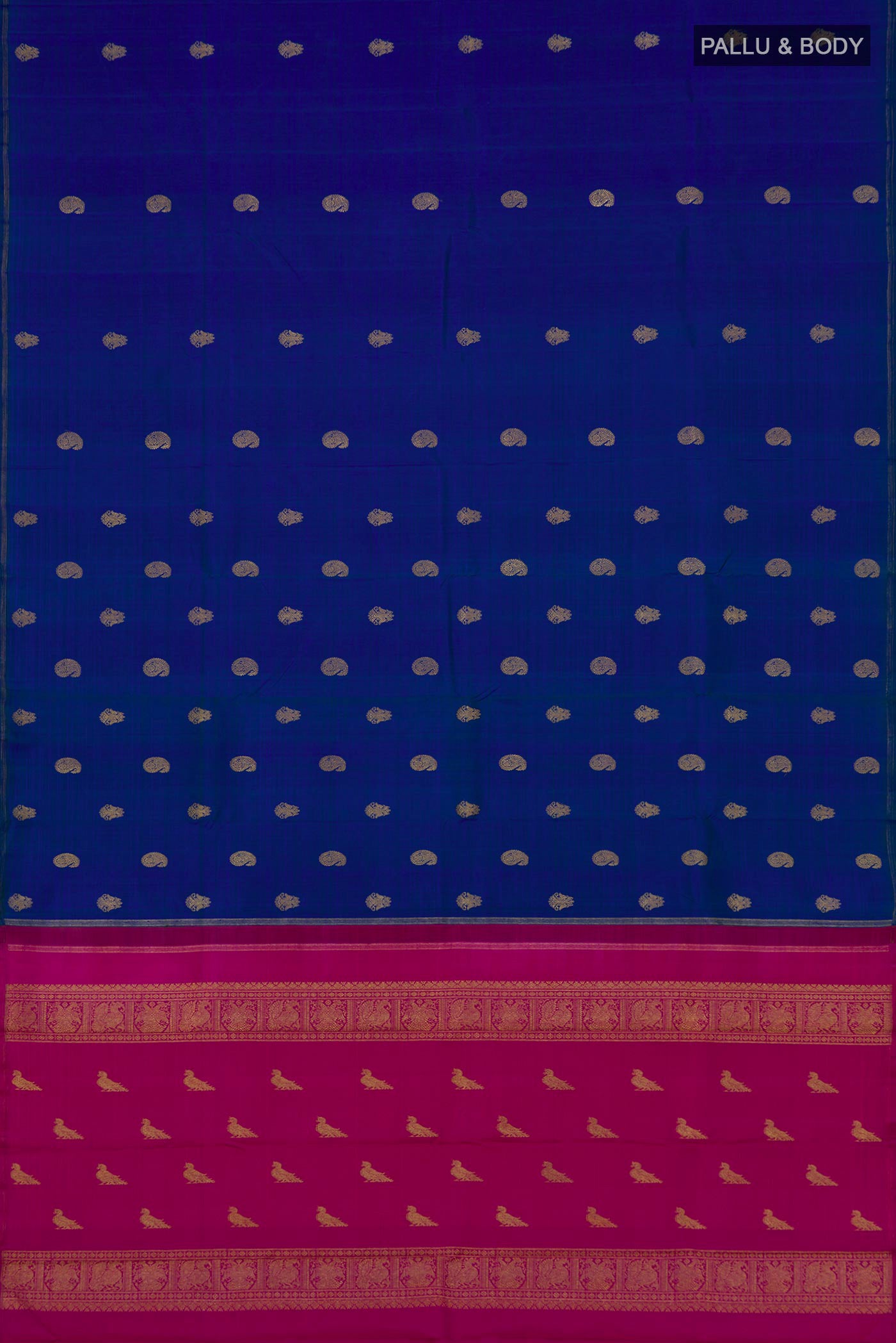 Flat view of Pure Silk Pure Zari Blue Kanchipuram Saree with Zari Butta on the body and Thin Zari Line. 